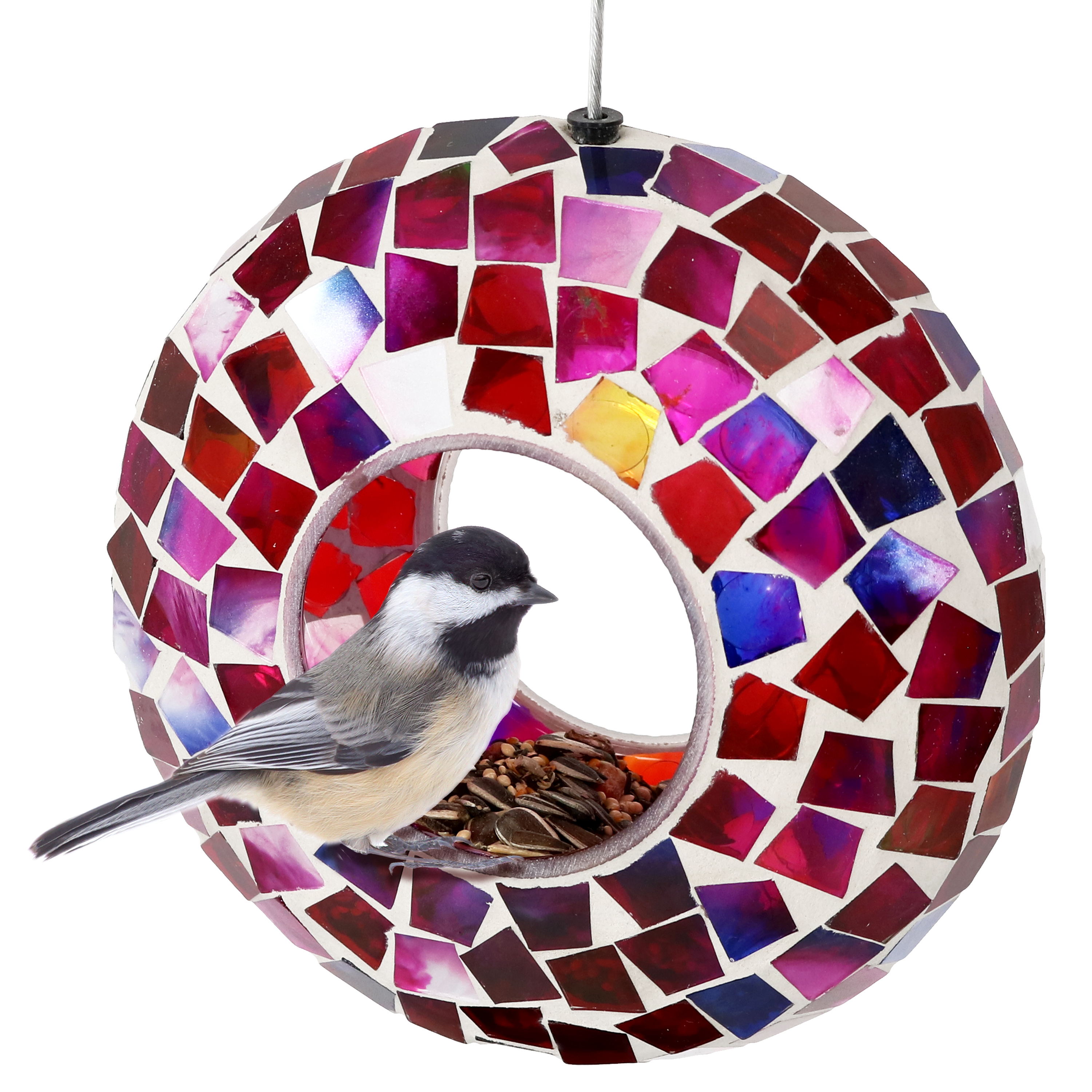 Sunnydaze Crimson Mosaic Fly-Through Hanging Outdoor Bird Feeder - 6-Inch