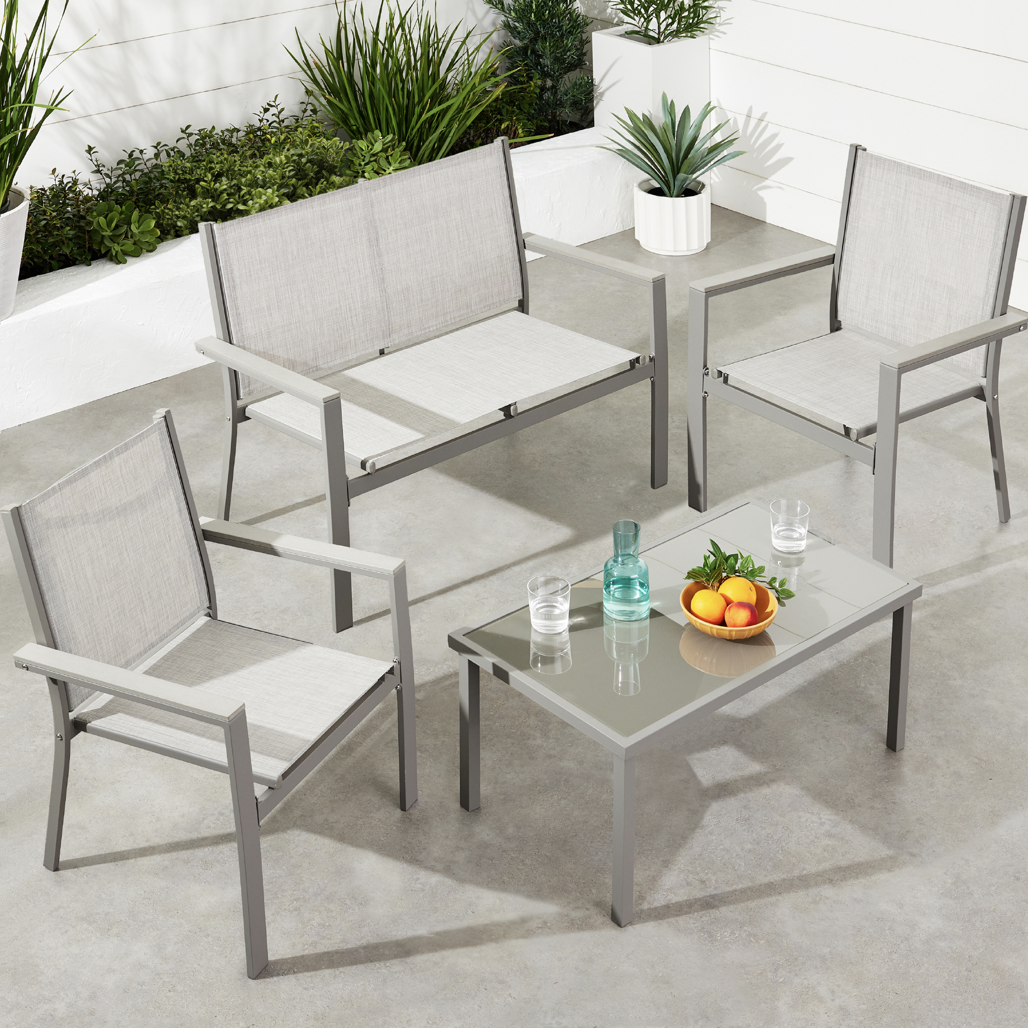 4-Piece Textilene Outdoor Patio Conversation Furniture Set w/ Loveseat, Table - Gray/Gray - Best Choice Products Online