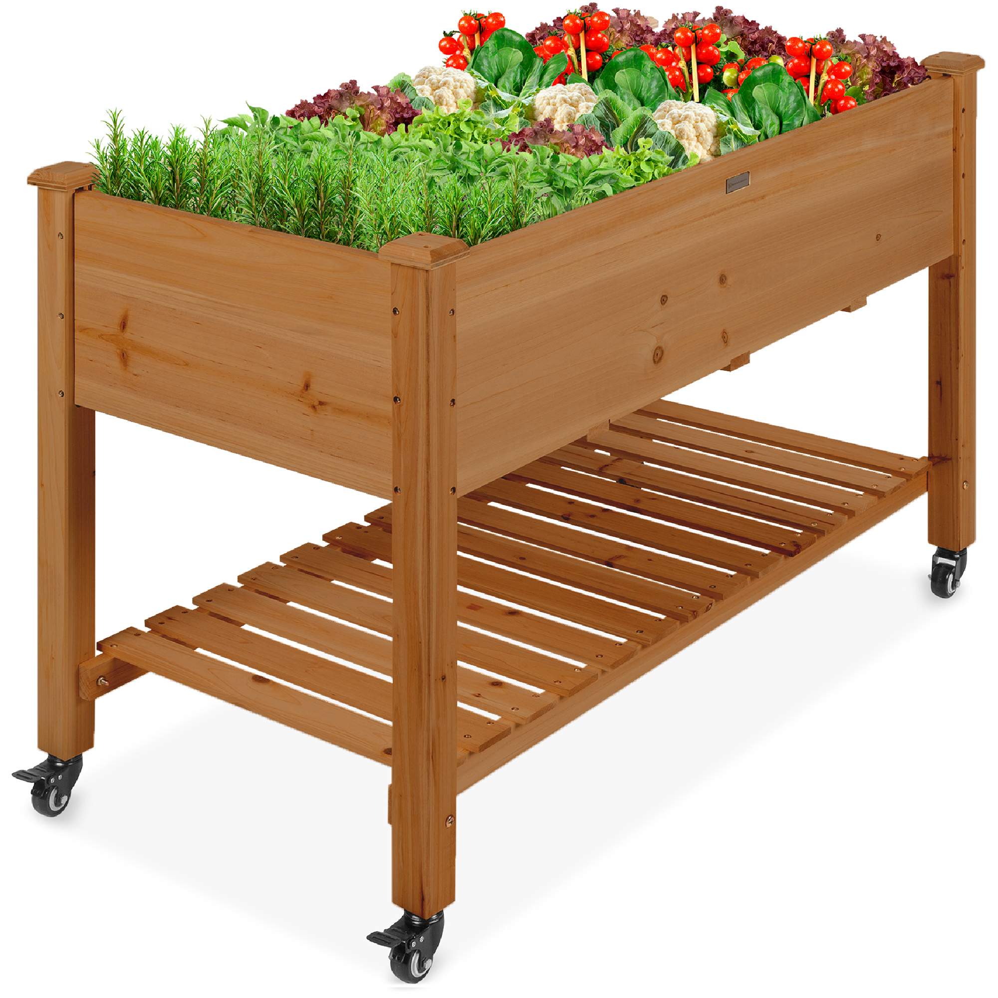 Mobile Elevated Raised Garden Bed Wood Planter Box w/ Lockable Wheels, Storage Shelf, Liner, 48x24x32in - Acorn Brown - Best Choice Products Online