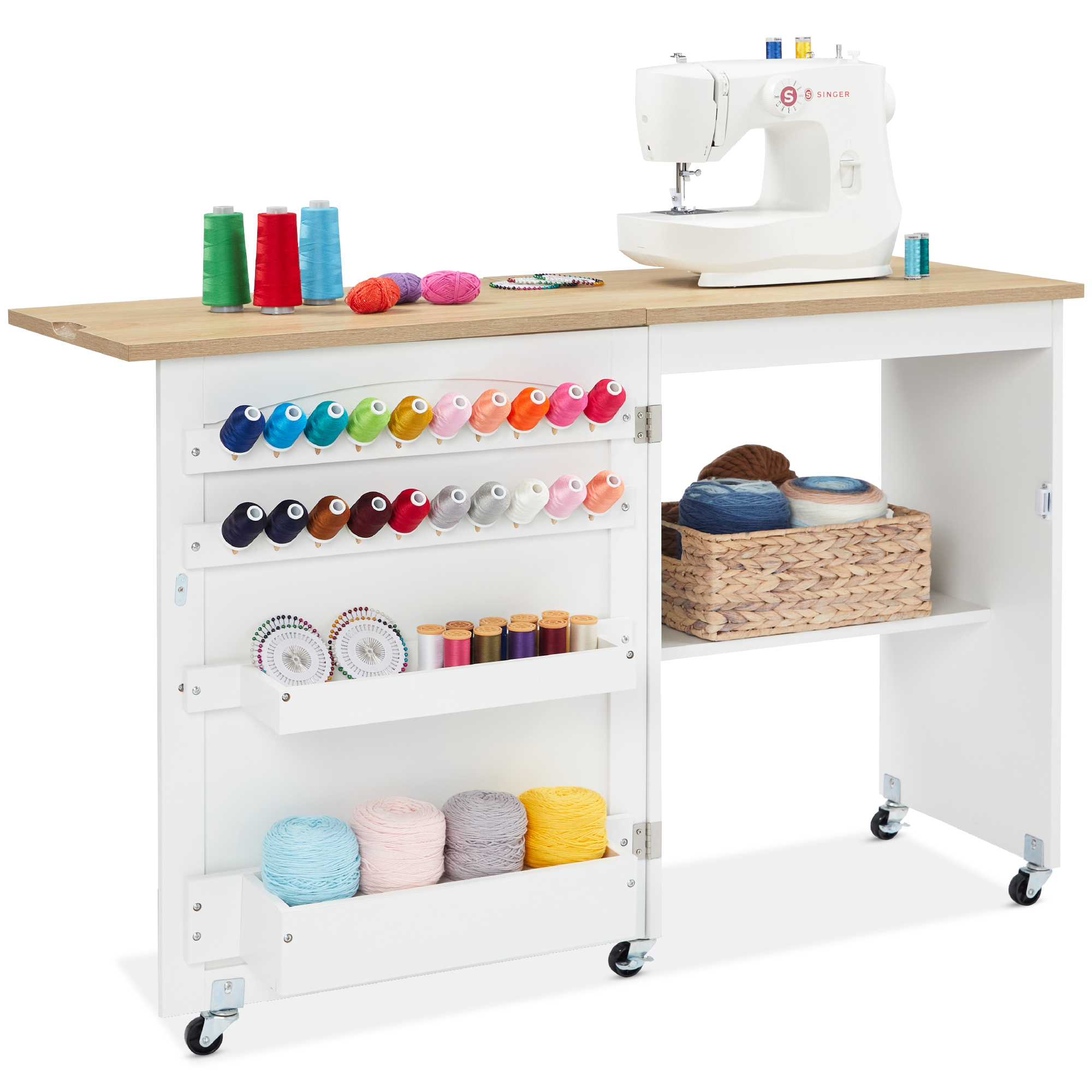 Folding Sewing Craft Table, Multipurpose Station & Side Desk w/ Wheels, Shelves, Bins, Pegs - Natural/White - Best Choice Products Online
