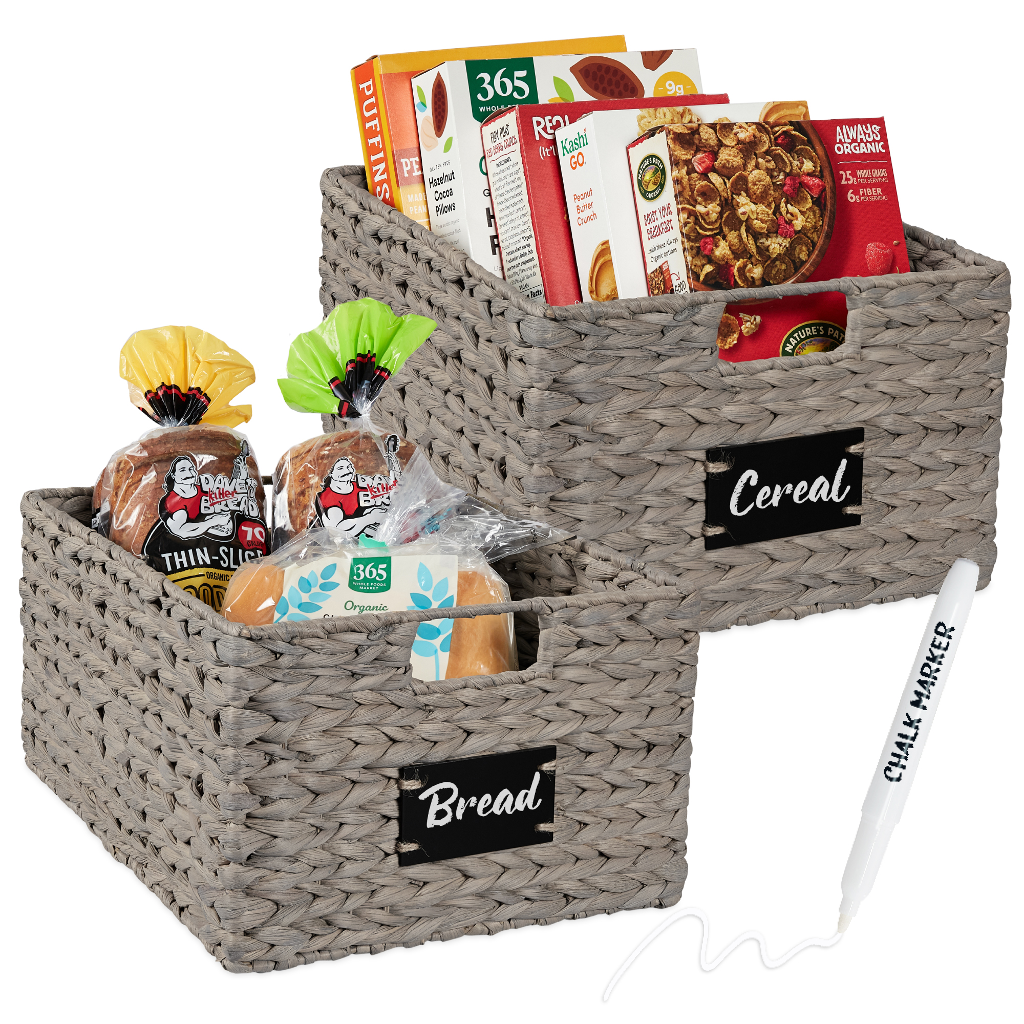 2-Set 16in Woven Water Hyacinth Pantry Baskets w/ Chalkboard Label, Chalk Marker - Gray - Best Choice Products Online