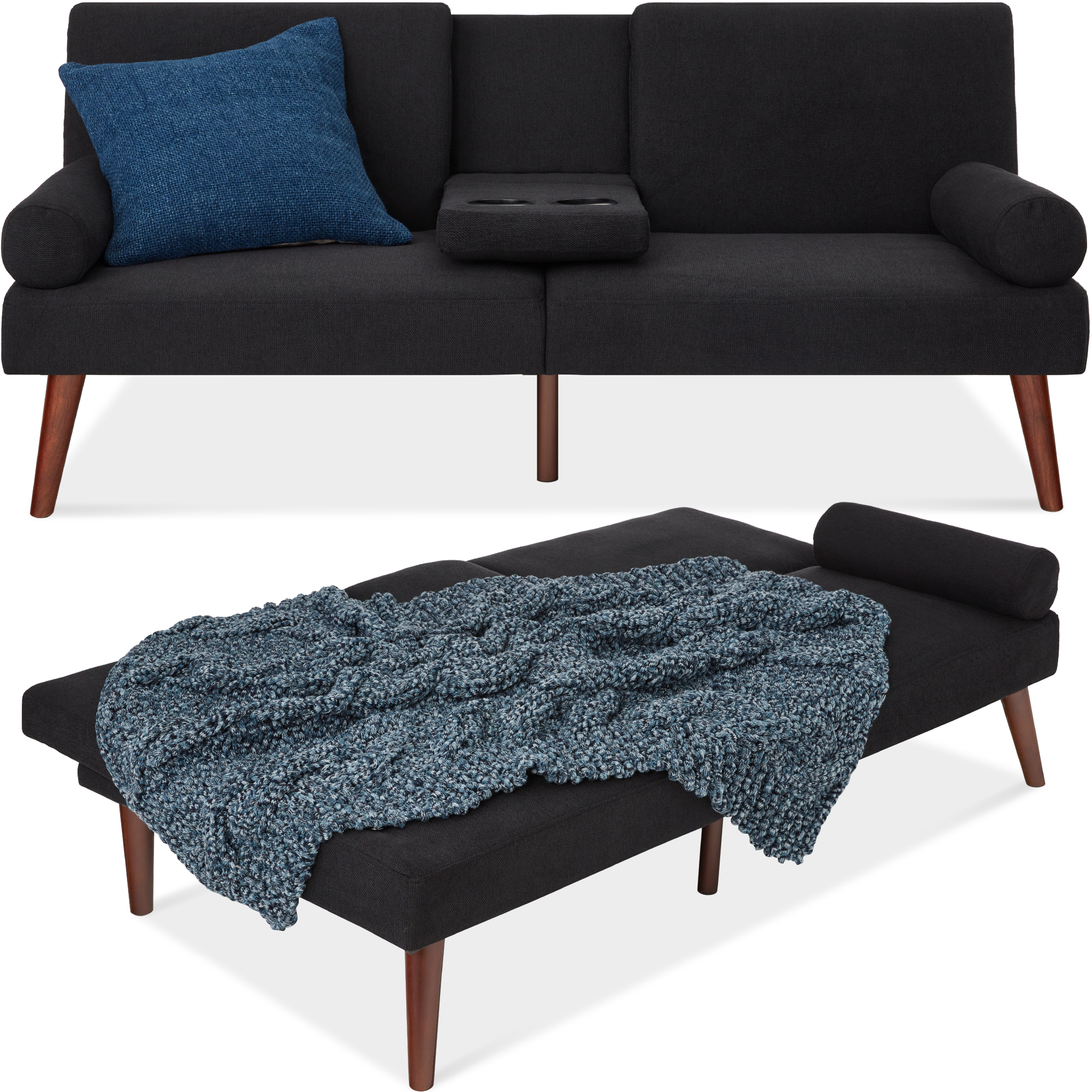 Fabric Upholstered Convertible Futon w/ Rounded Armrests, Wooden Legs, 2 Cupholders - Black - Best Choice Products Online