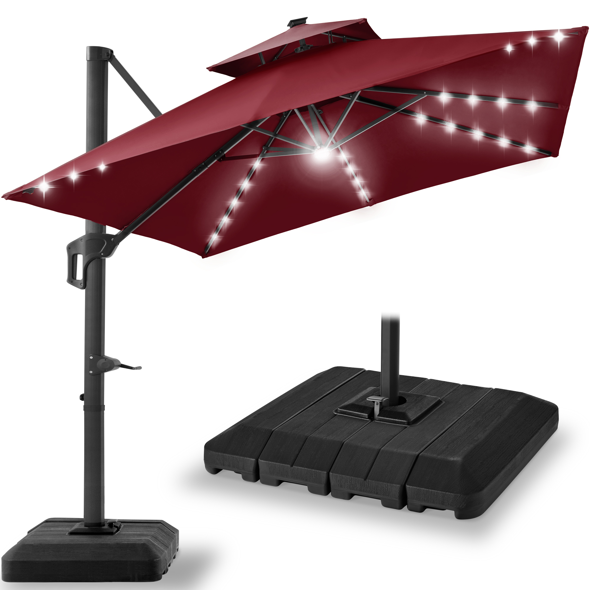 10ft 2-Tier Square Outdoor Solar LED Cantilever Patio Umbrella w/ Base Included - Burgundy - Best Choice Products Online
