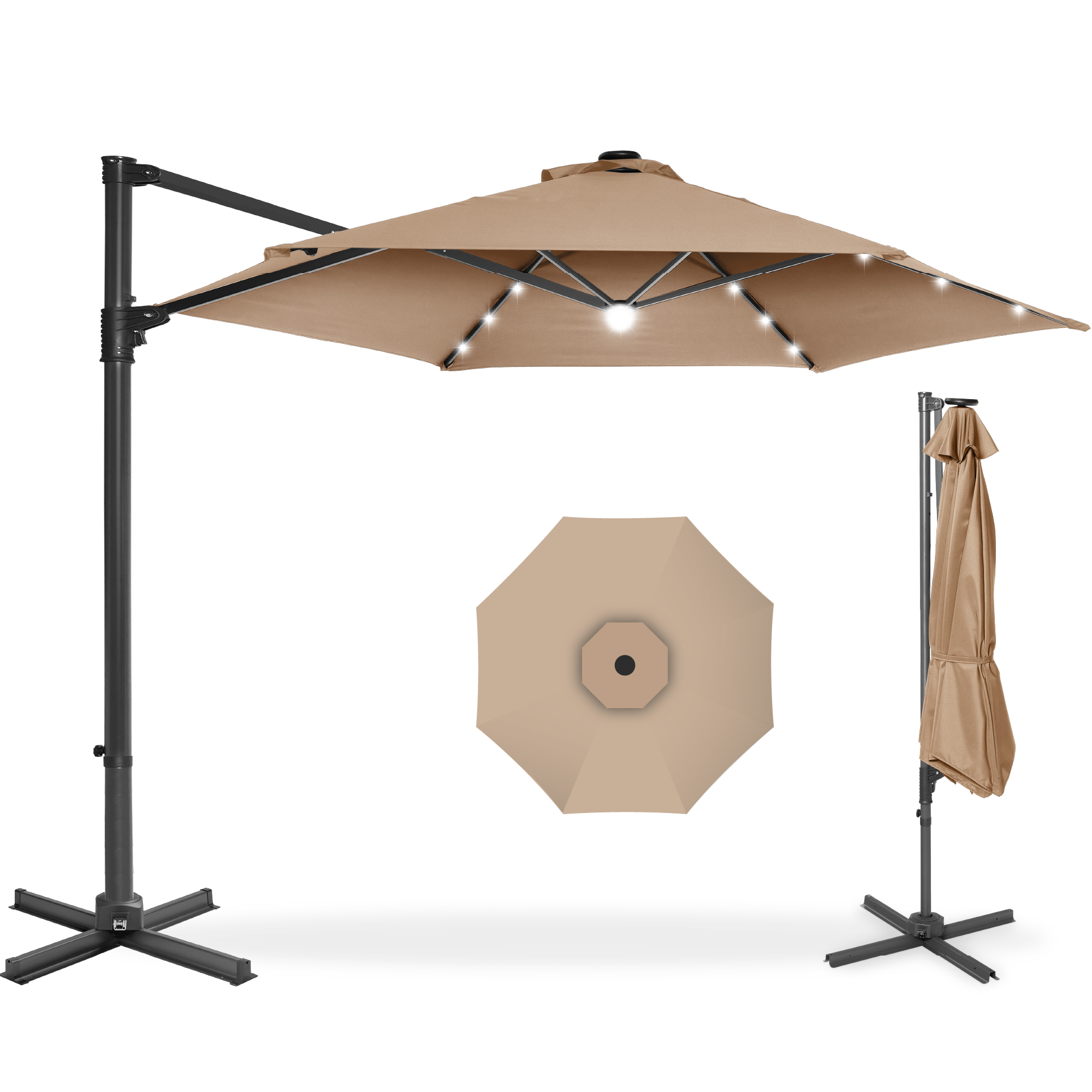 Best Choice Products 10ft 360 Rotating Cantilever Offset Hanging Market Patio Umbrella w/ Solar Lights - Tan
