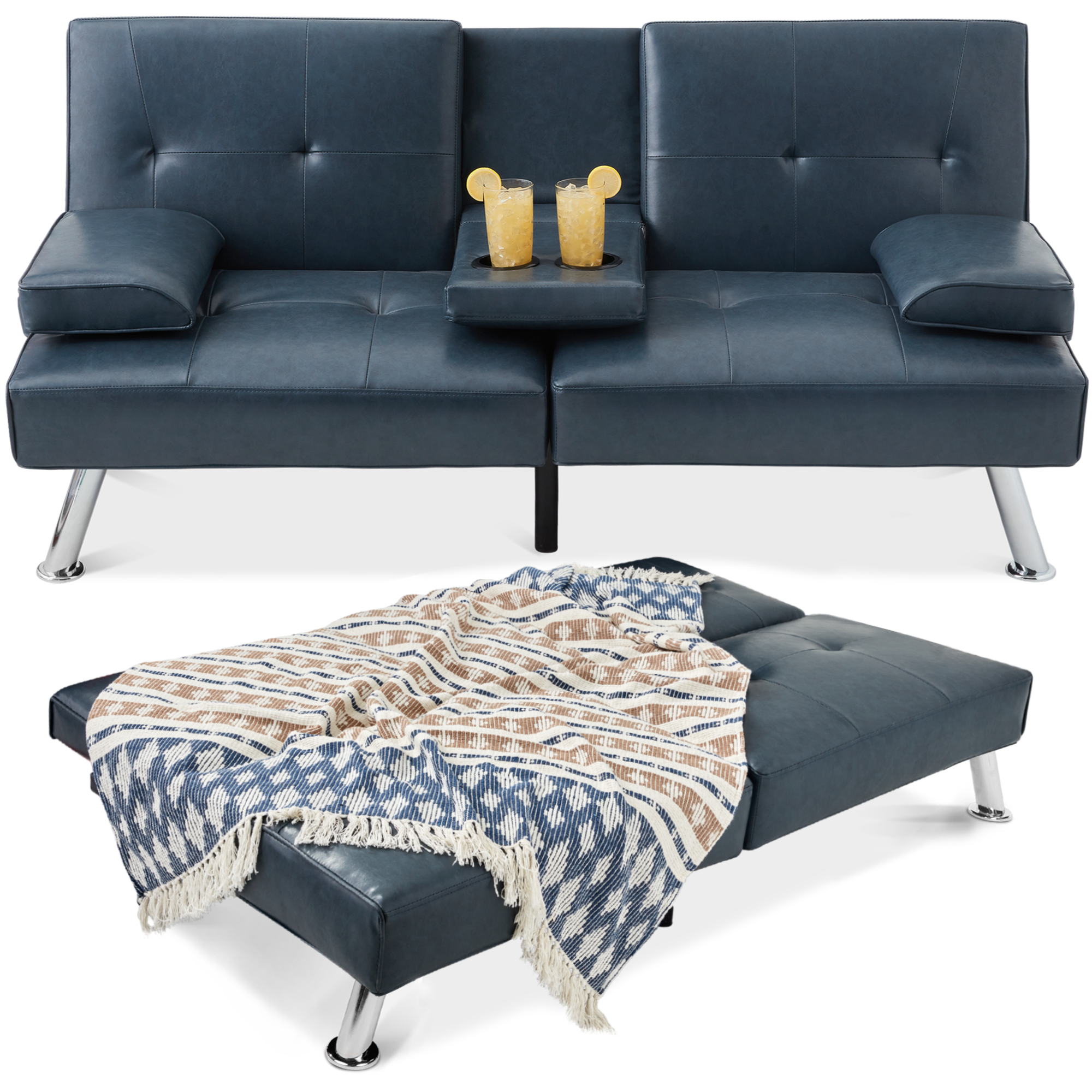 Modern Faux Leather Convertible Futon Sofa w/ Removable Armrests, 2 Cupholders - Blue - Best Choice Products Online