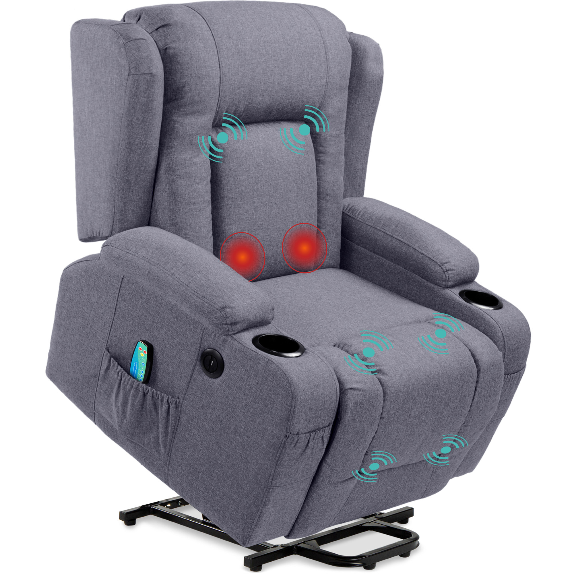 Electric Power Lift Linen Recliner Massage Chair Furniture w/ USB Port, Heat, Cupholders - Blue - Best Choice Products Online