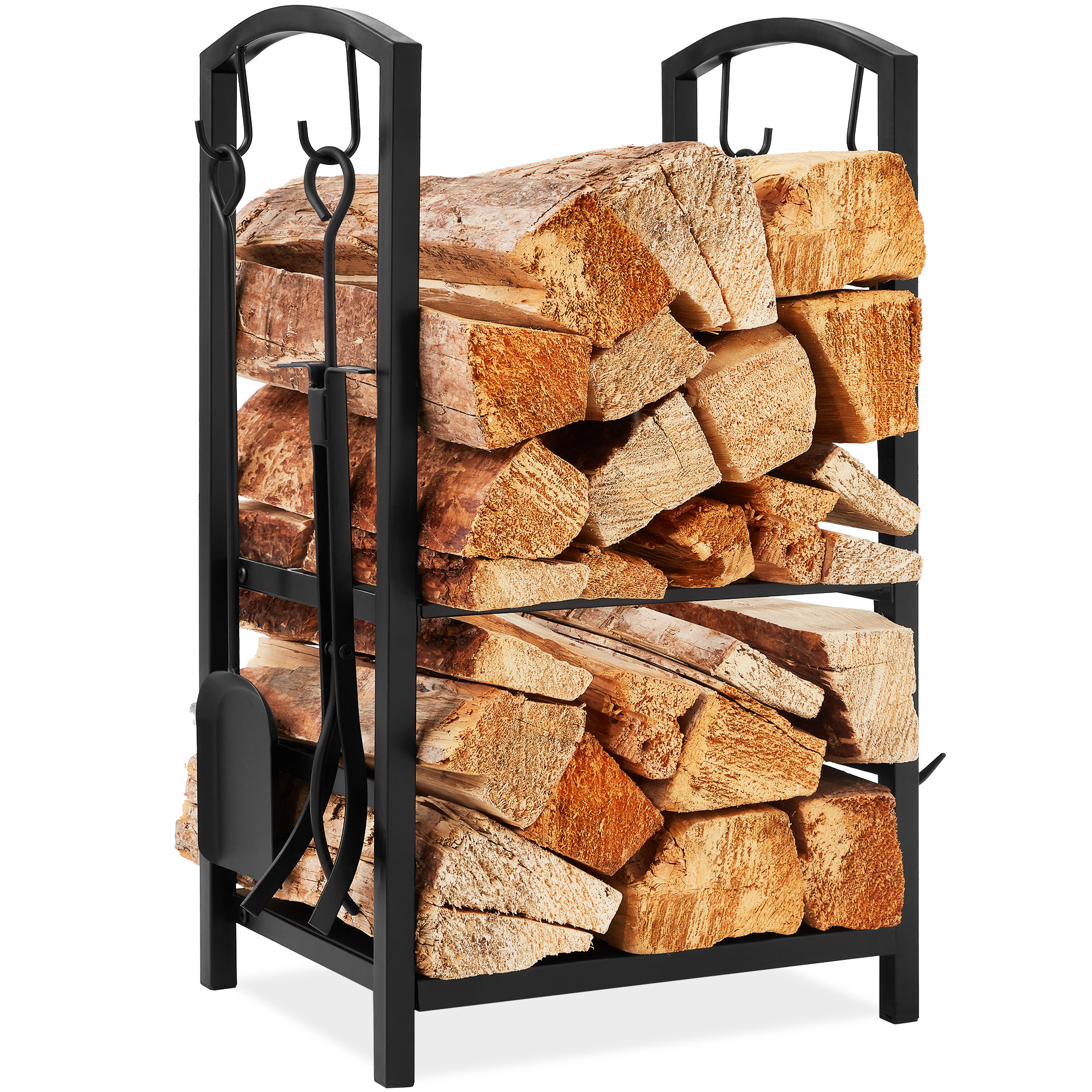 Firewood Log Rack Holder & Fireplace Tools Set w/ Hook, Broom, Shovel, Tongs - Black | Best Choice Products Online