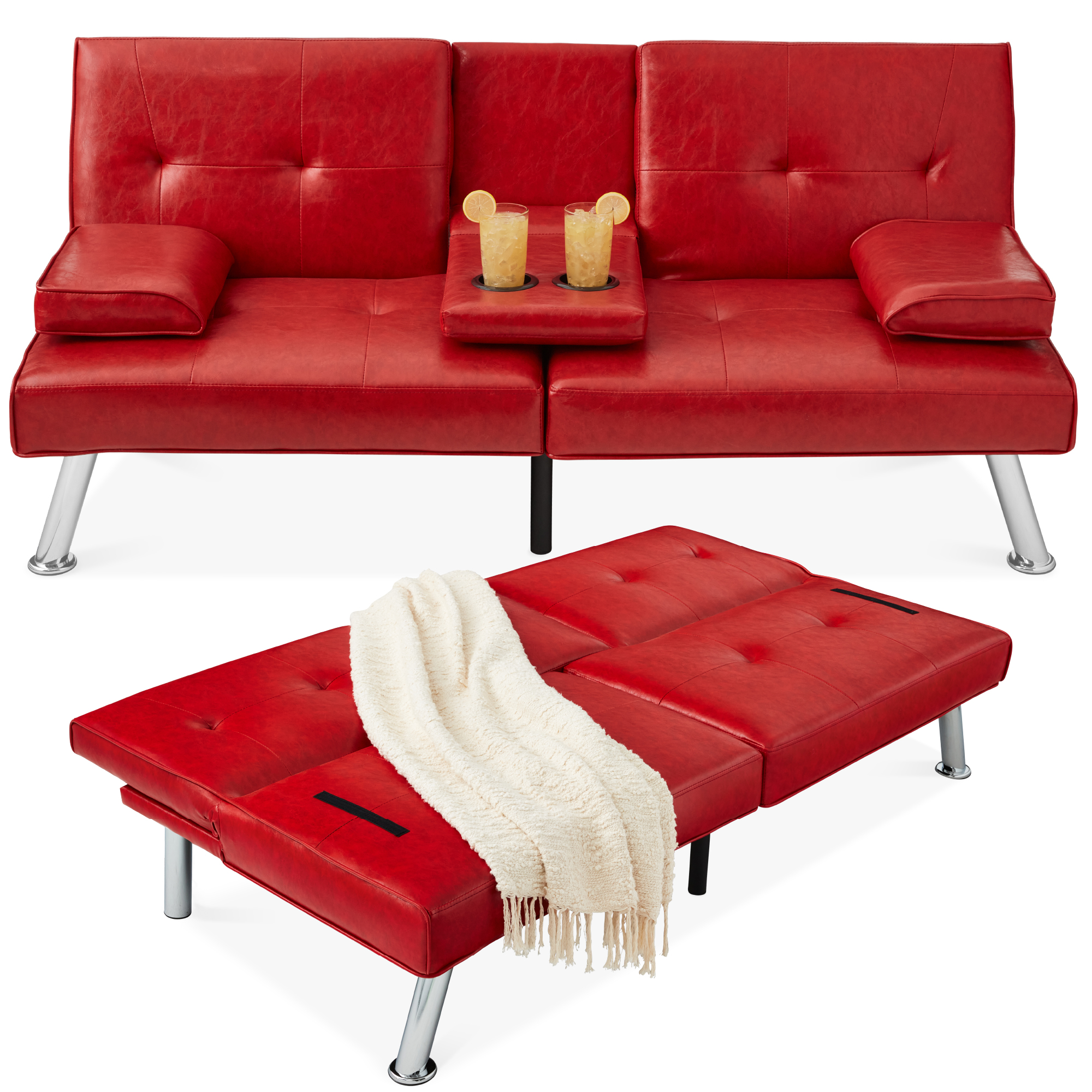 Modern Faux Leather Convertible Futon Sofa w/ Removable Armrests, 2 Cupholders - Red - Best Choice Products Online