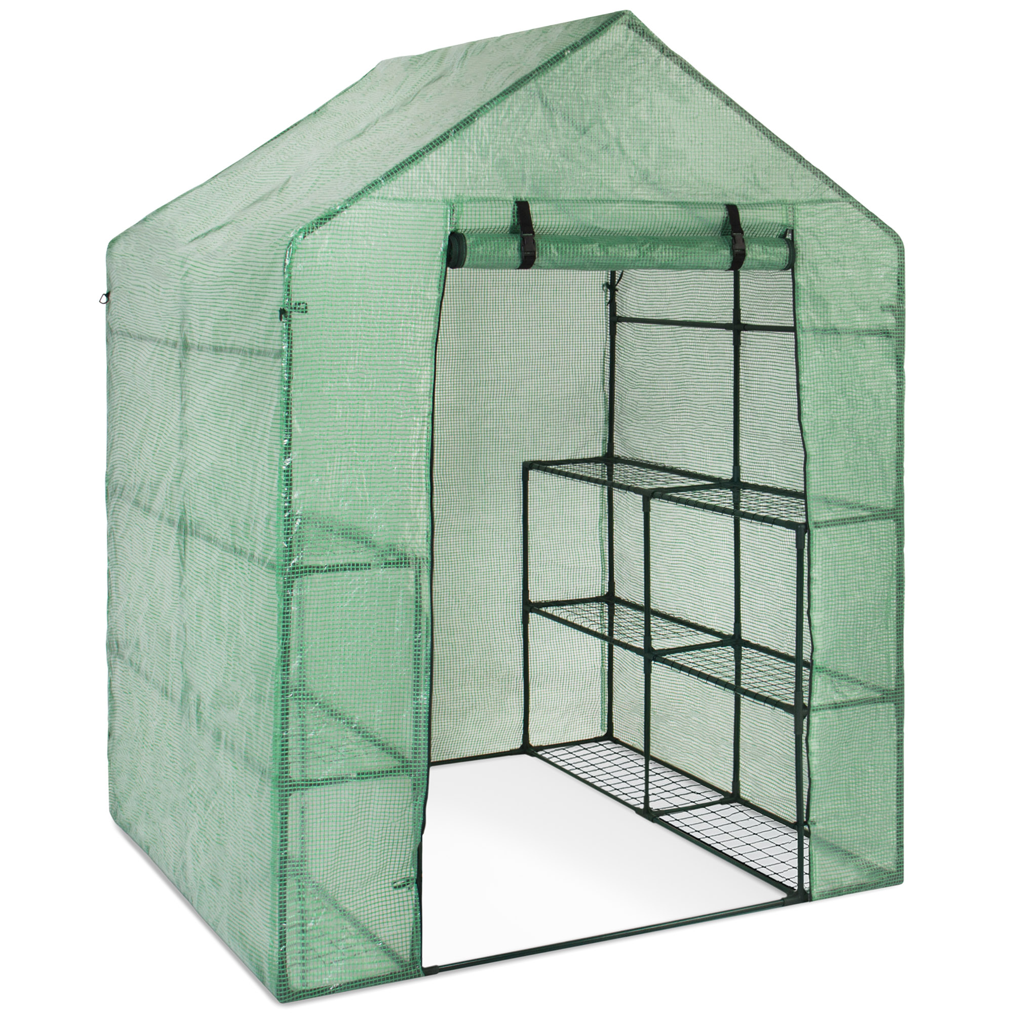 Greenhouses - 57.5" x 56" x 76" - 3-Tier 12-Shelf Portable Outdoor Mini Garden Walk-In Greenhouse - Green