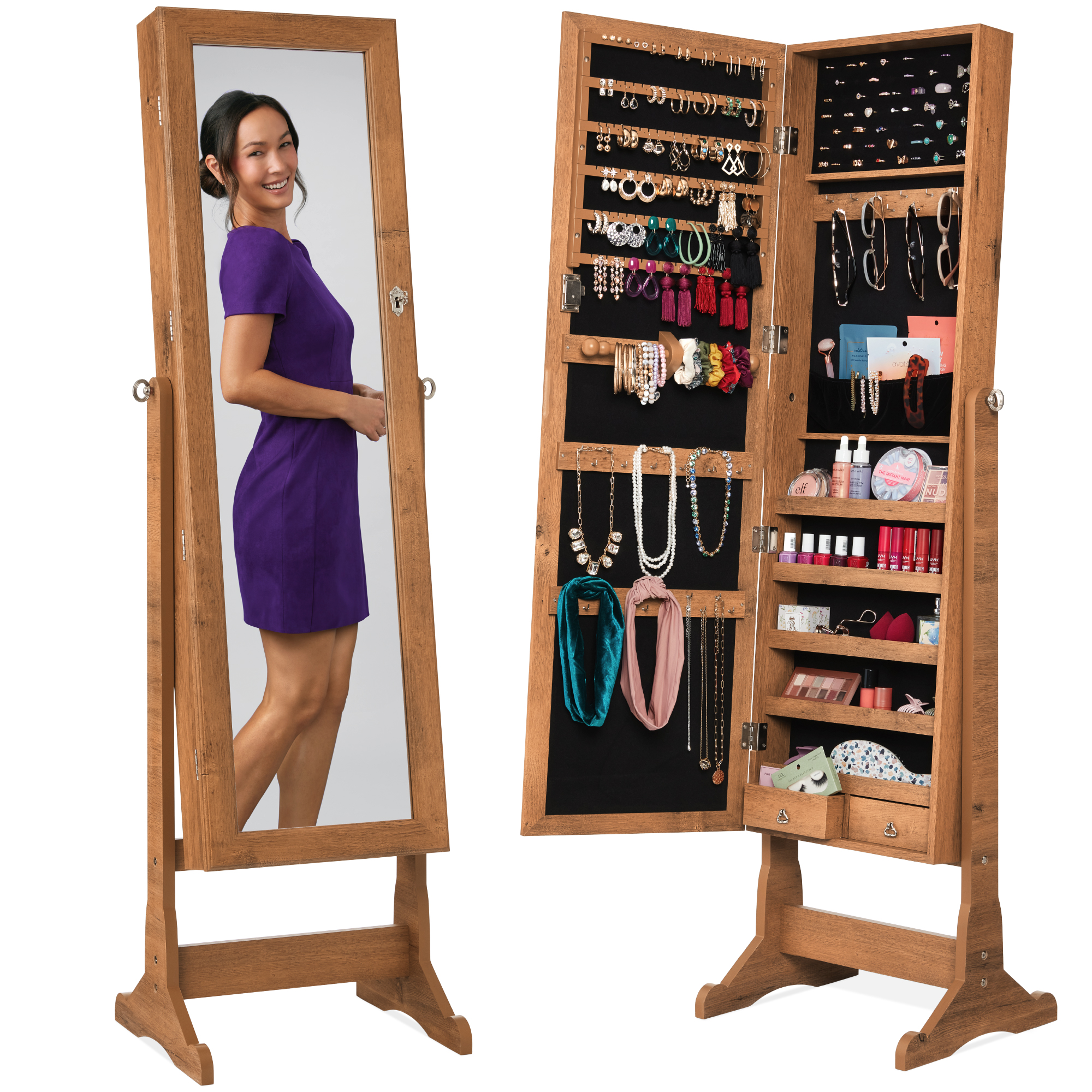 Standing Mirrored Jewelry Armoire Organizer, Lockable Full Length Storage Cabinet w/ Velvet Interior - Rustic Brown - Best Choice Products Online