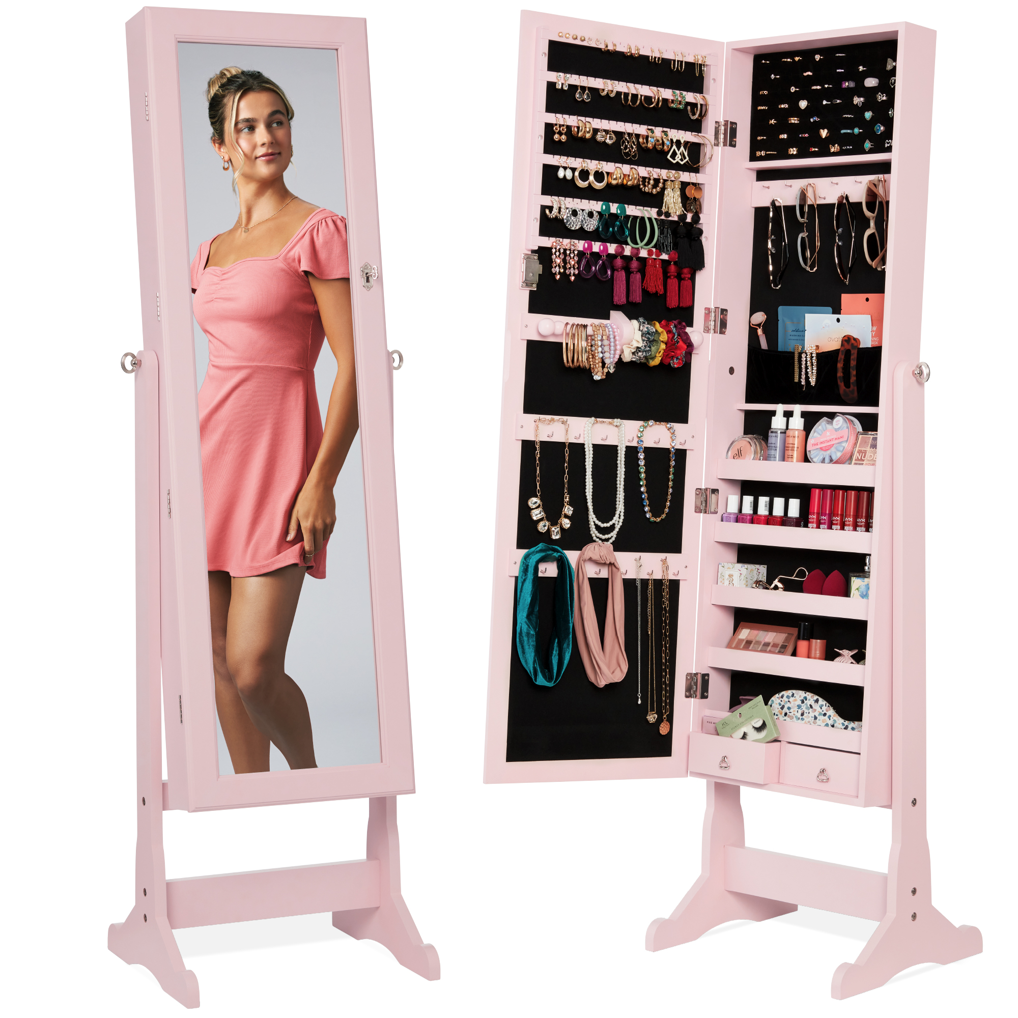 Standing Mirrored Jewelry Armoire Organizer, Lockable Full Length Storage Cabinet w/ Velvet Interior - Dusty Pink - Best Choice Products Online