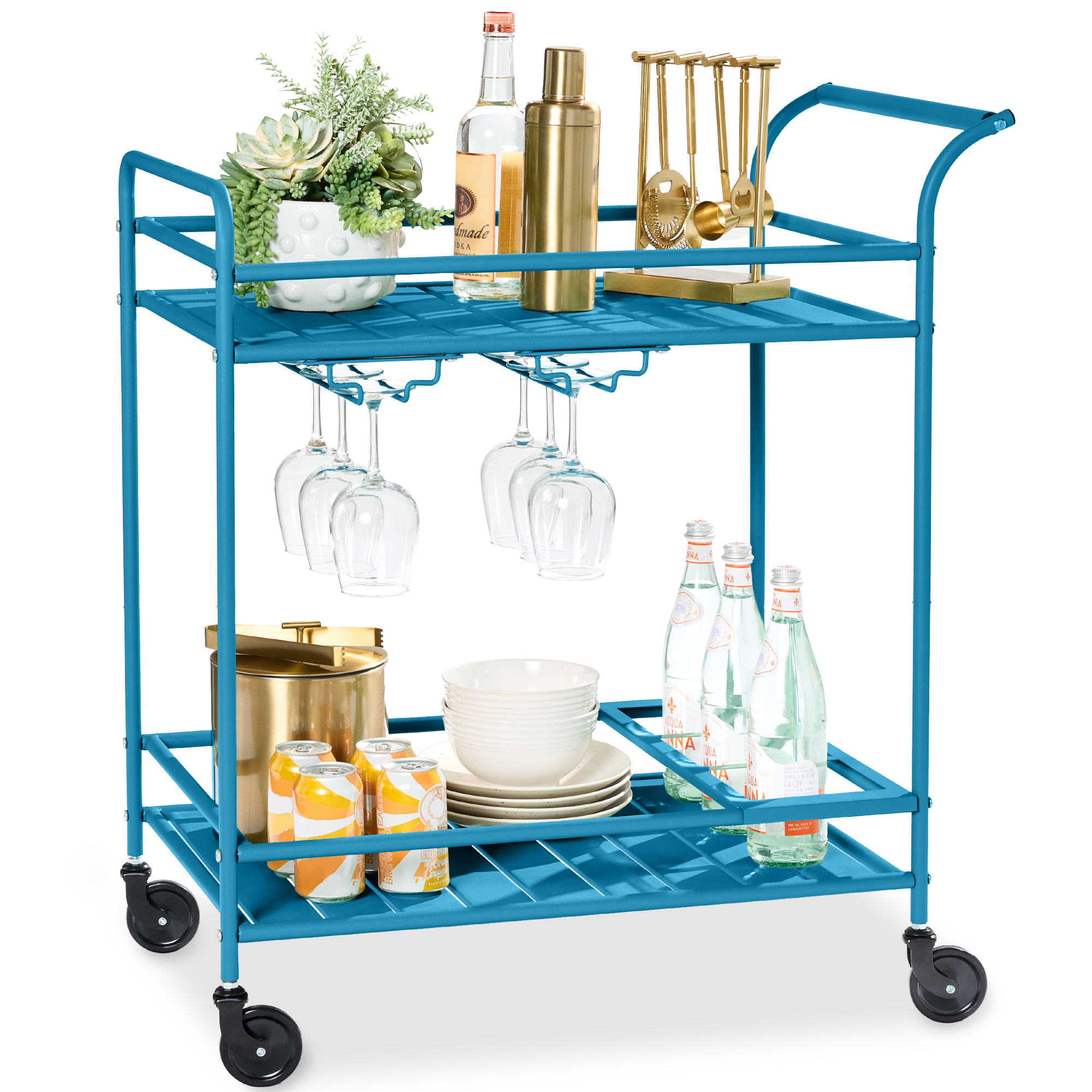 2-Tier Rolling Bar Cart Indoor/Outdoor w/ Storage Shelves, Wine Rack, Lockable Wheels - Peacock - Best Choice Products Online