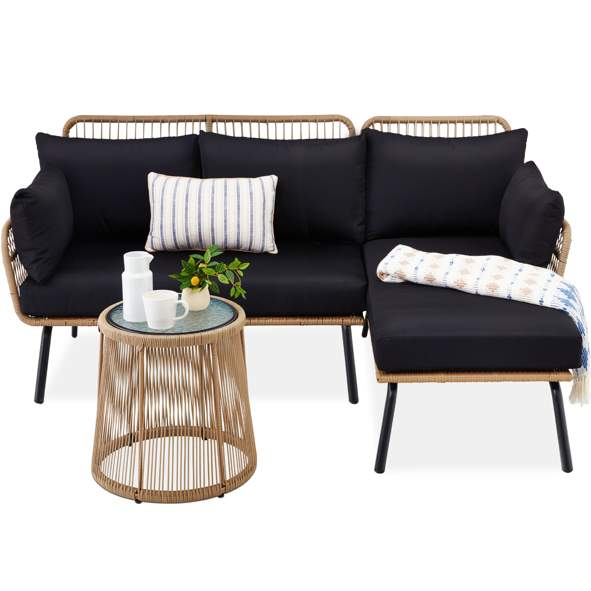 Rope Woven Outdoor Sectional, L-Shape Sofa Conversational Set w/ Detachable Lounger, Table - Natural/Black | Best Choice Products Online