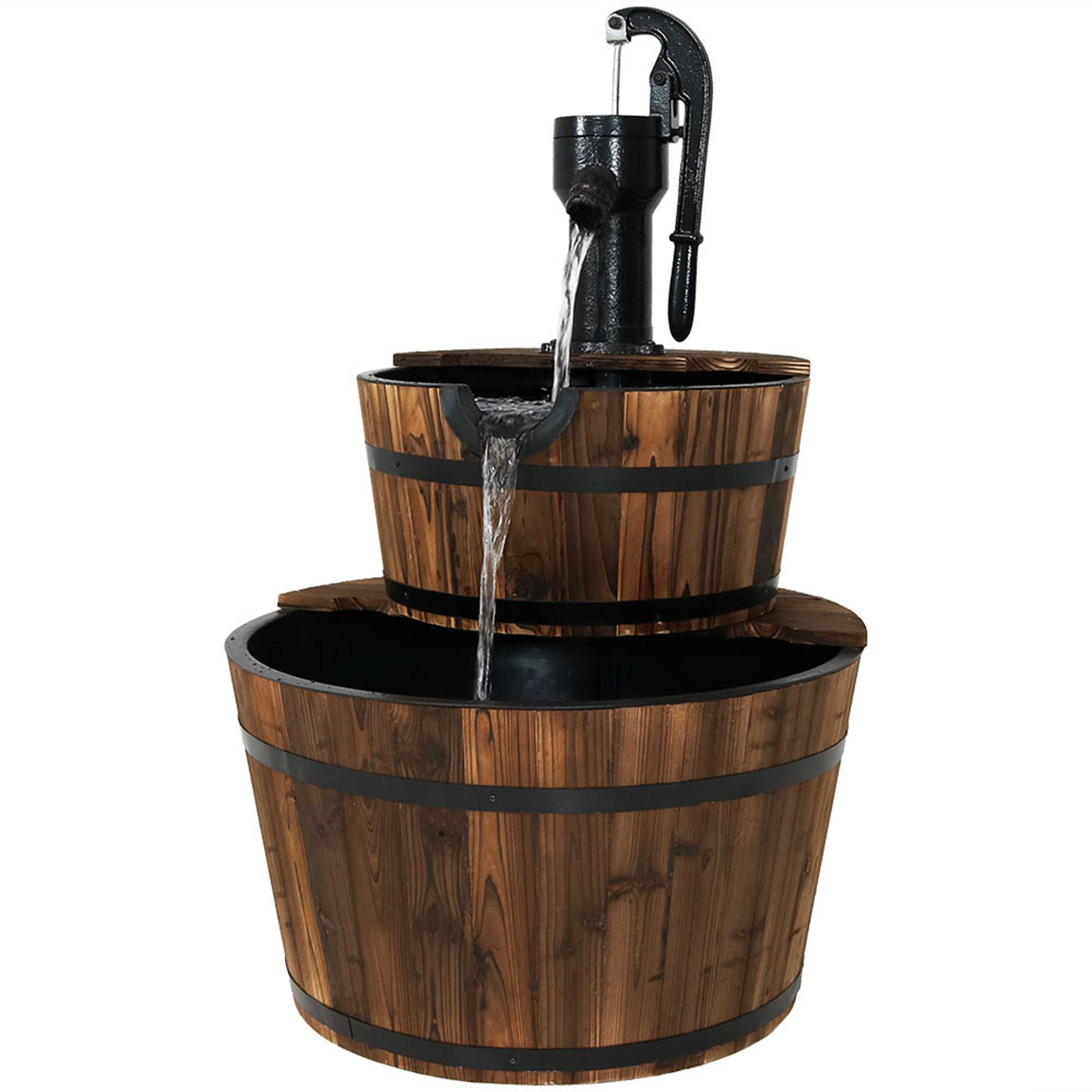 Sunnydaze Rustic 2-Tier Wood Barrel Water Fountain with Hand Pump - 34-Inch