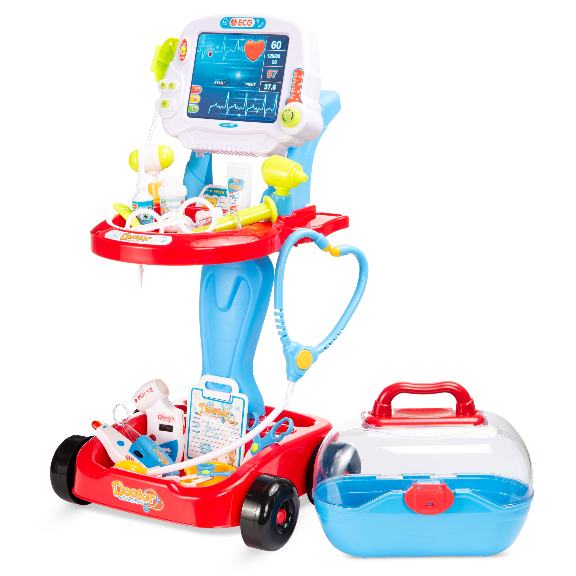 Play Doctor Kit for Kids, Pretend Medical Station Set with Carrying Case, Mobile Cart - Blue - Best Choice Products Online