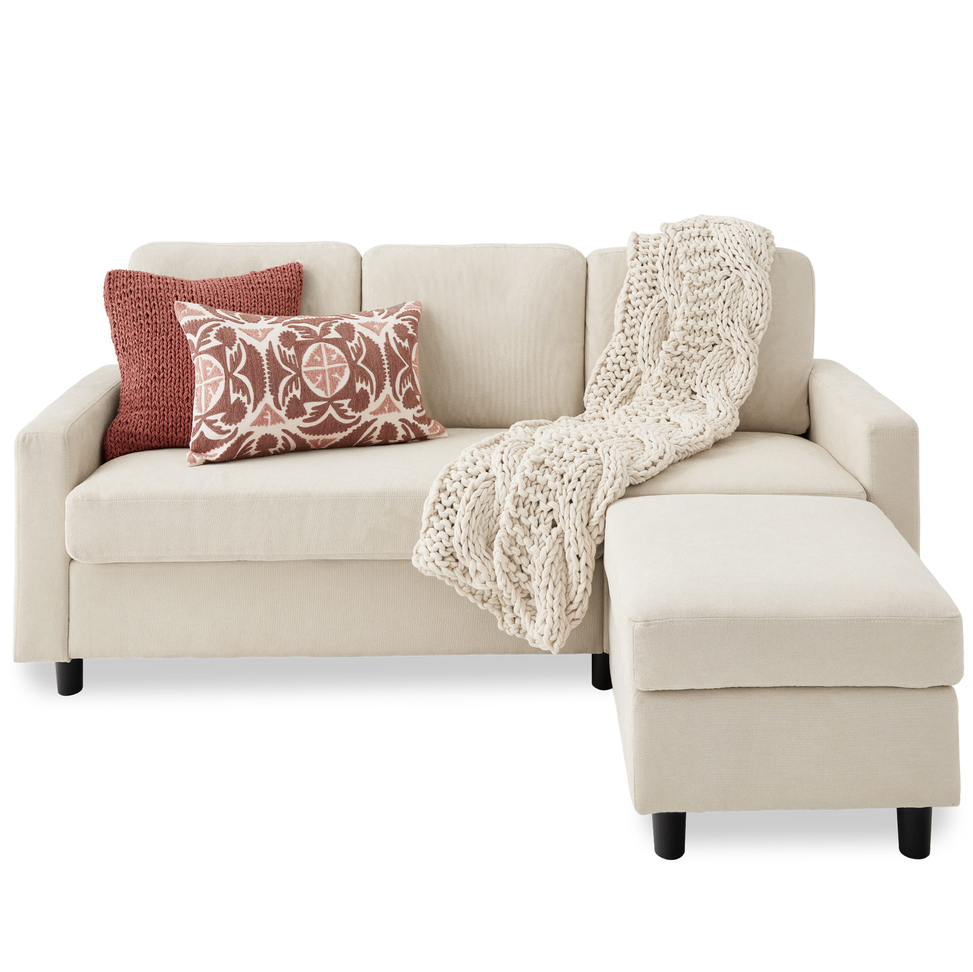 Upholstered Sectional Sofa Couch w/ Chaise Lounge, 3-Seat Design, Ottoman Bench - Ivory - Best Choice Products Online