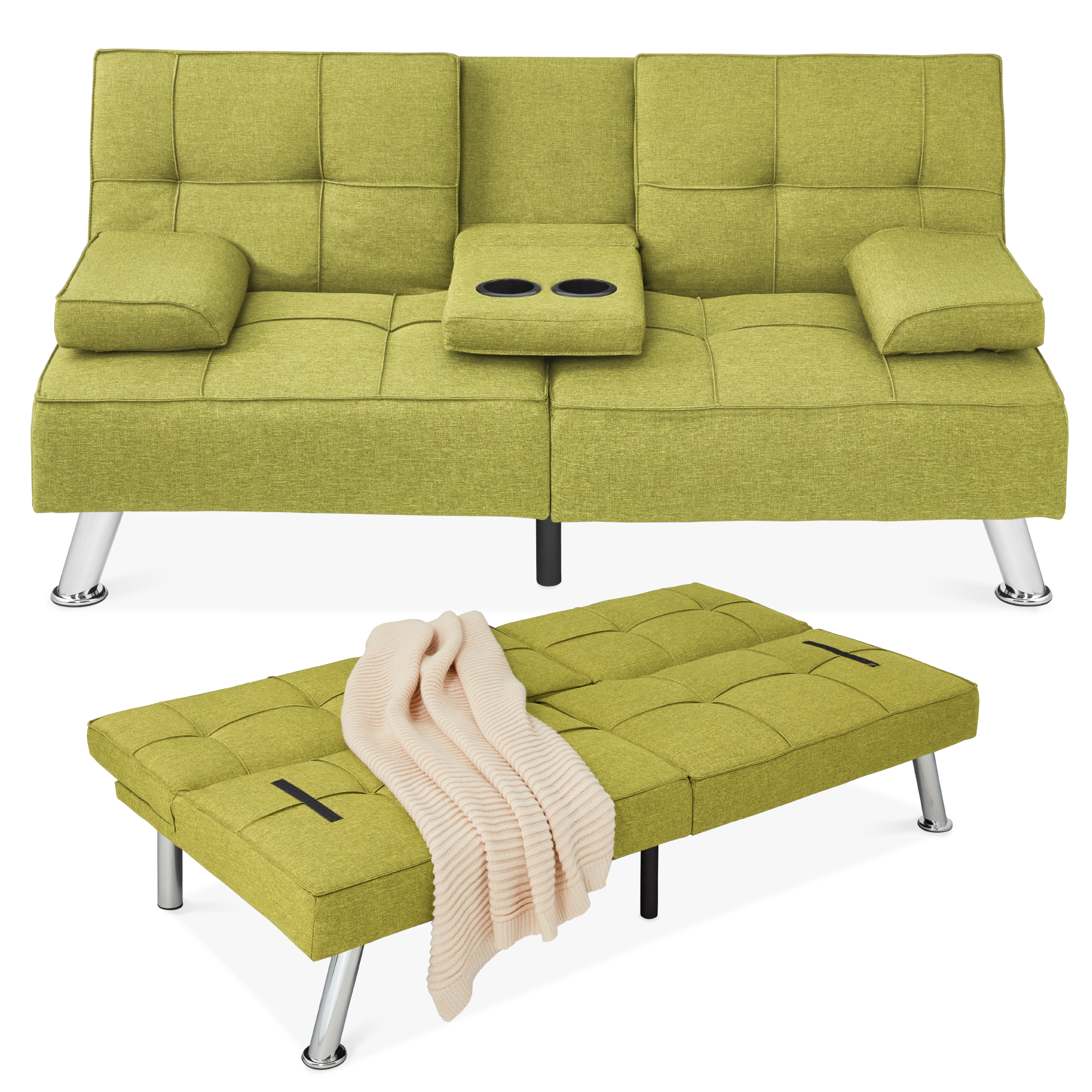 Linen Upholstered Convertible Sofa Bed Futon, Modern Design w/ Removable Armrests, Metal Legs, 2 Cupholders - Chartreuse - Best Choice Products Online