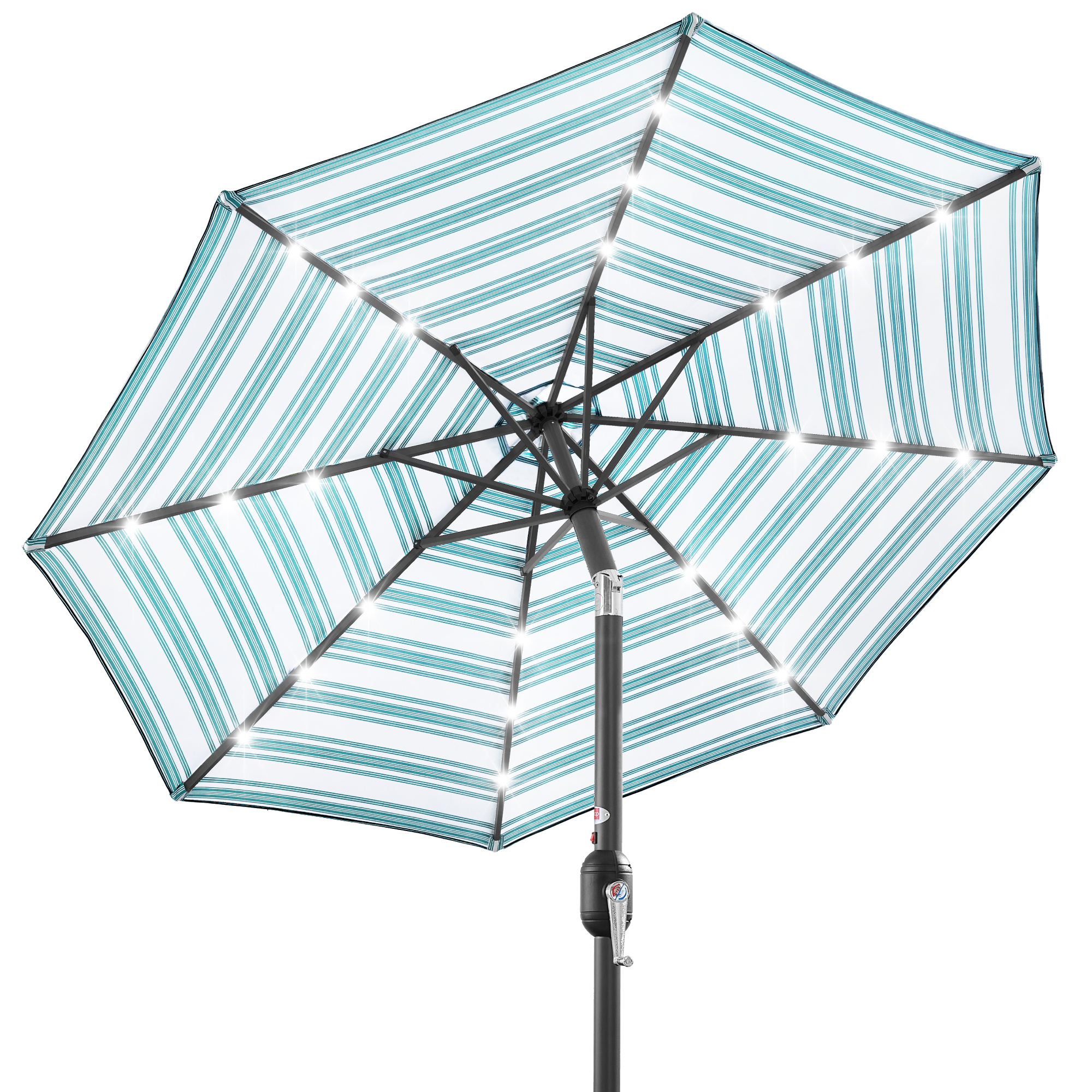 10ft Solar LED Lighted Patio Umbrella w/ Tilt Adjustment, UV-Resistant Fabric - Striped Sky Blue - Best Choice Products Online