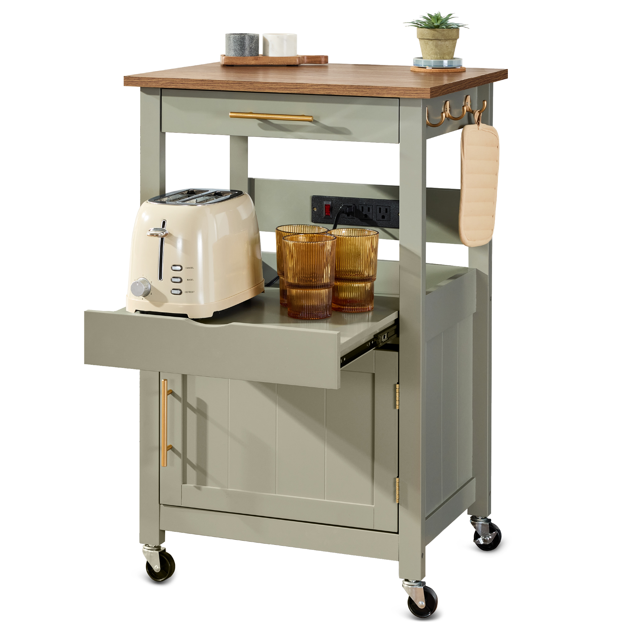 Rolling Kitchen Island Cart, Single Door Cabinet w/ Drawer, Sliding Tray, Outlet - Olive Green - Best Choice Products Online