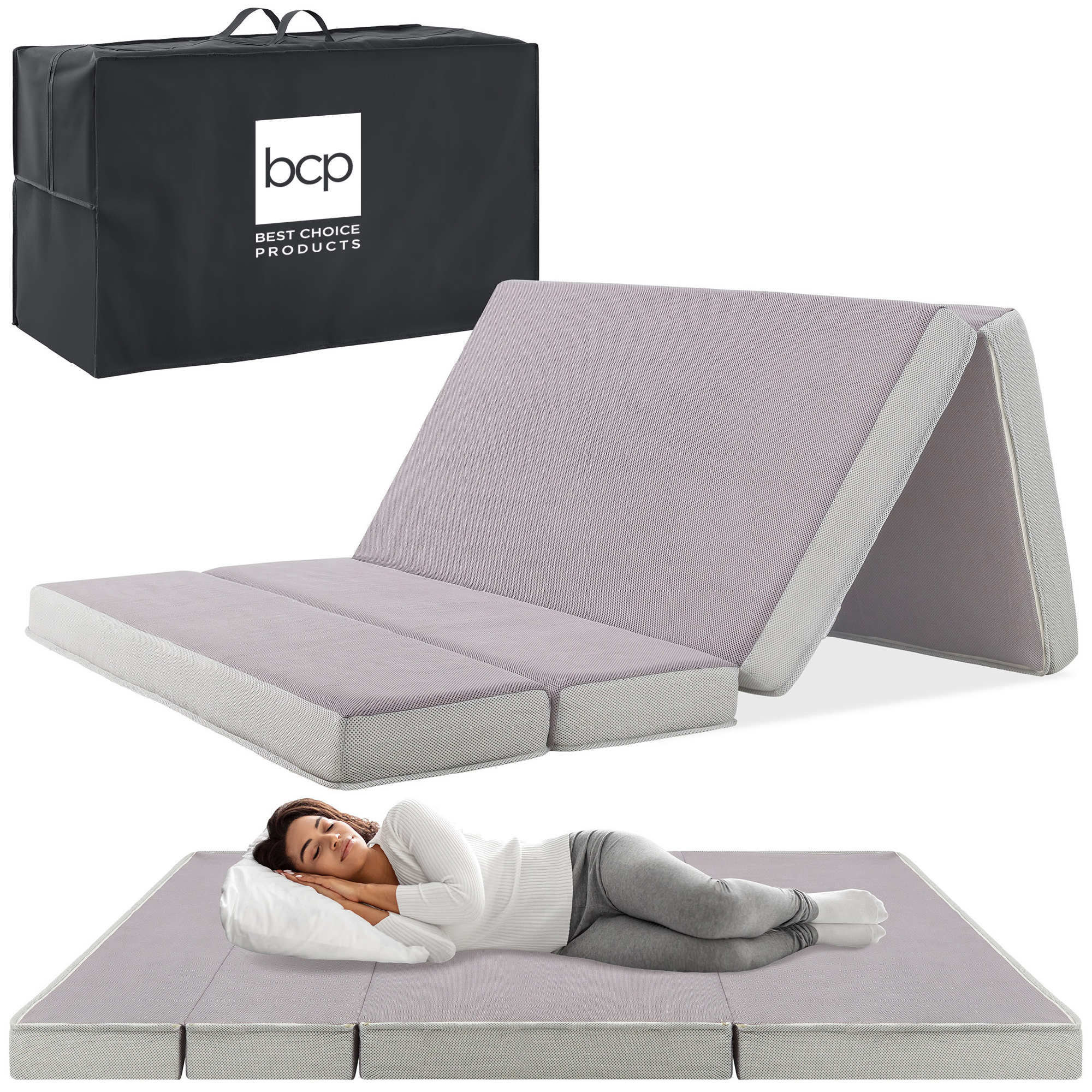 Twin Mattress Topper, 4in Thick High-Density Folding Foam, Portable w/ Carry Case, Washable Cover - Best Choice Products Online