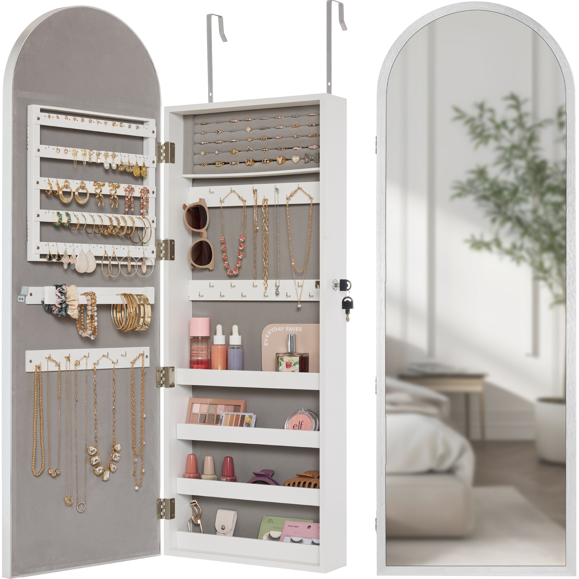 Door/Wall Mounted Arch Mirror Jewelry Armoire, w/ Metal Frame, Lockable Door - Silver - Best Choice Products Online