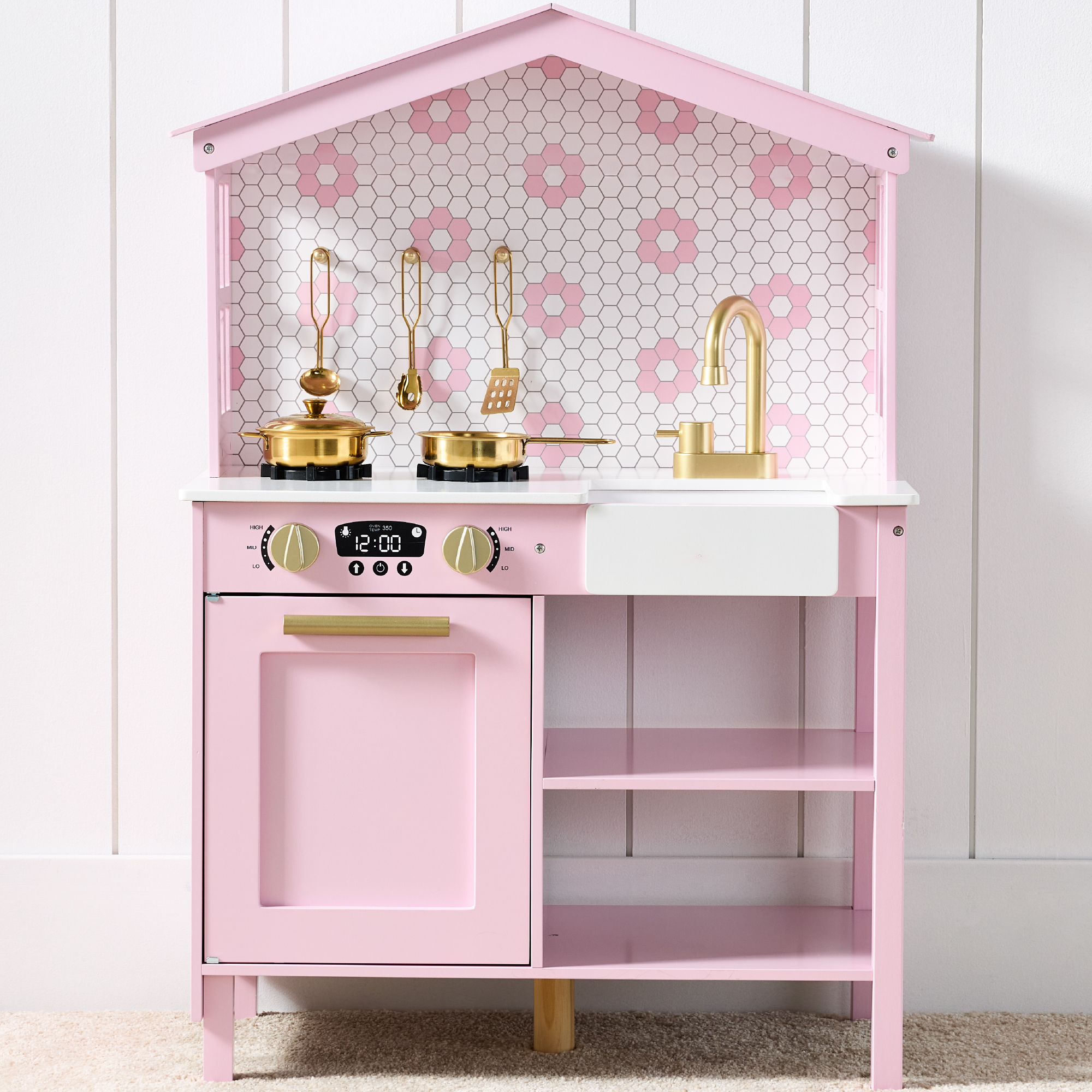 Farmhouse Wooden Play Kitchen Toy Set For Kids w/ Chalkboard, Storage Shelves, 5 Accessories - Rose - Best Choice Products Online