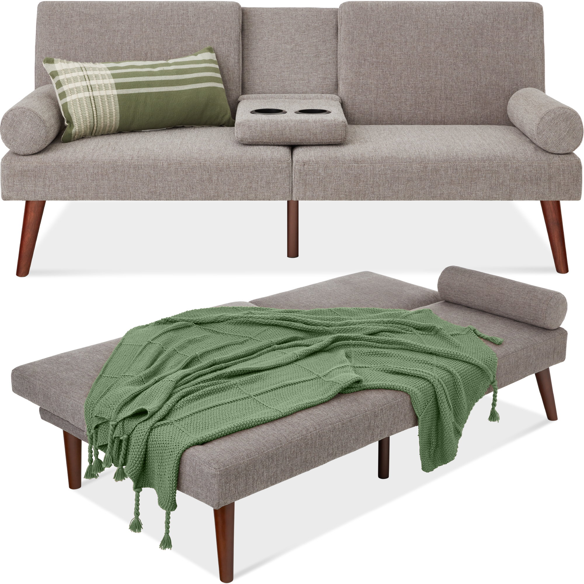 Fabric Upholstered Convertible Futon w/ Rounded Armrests, Wooden Legs, 2 Cupholders - Gray - Best Choice Products Online