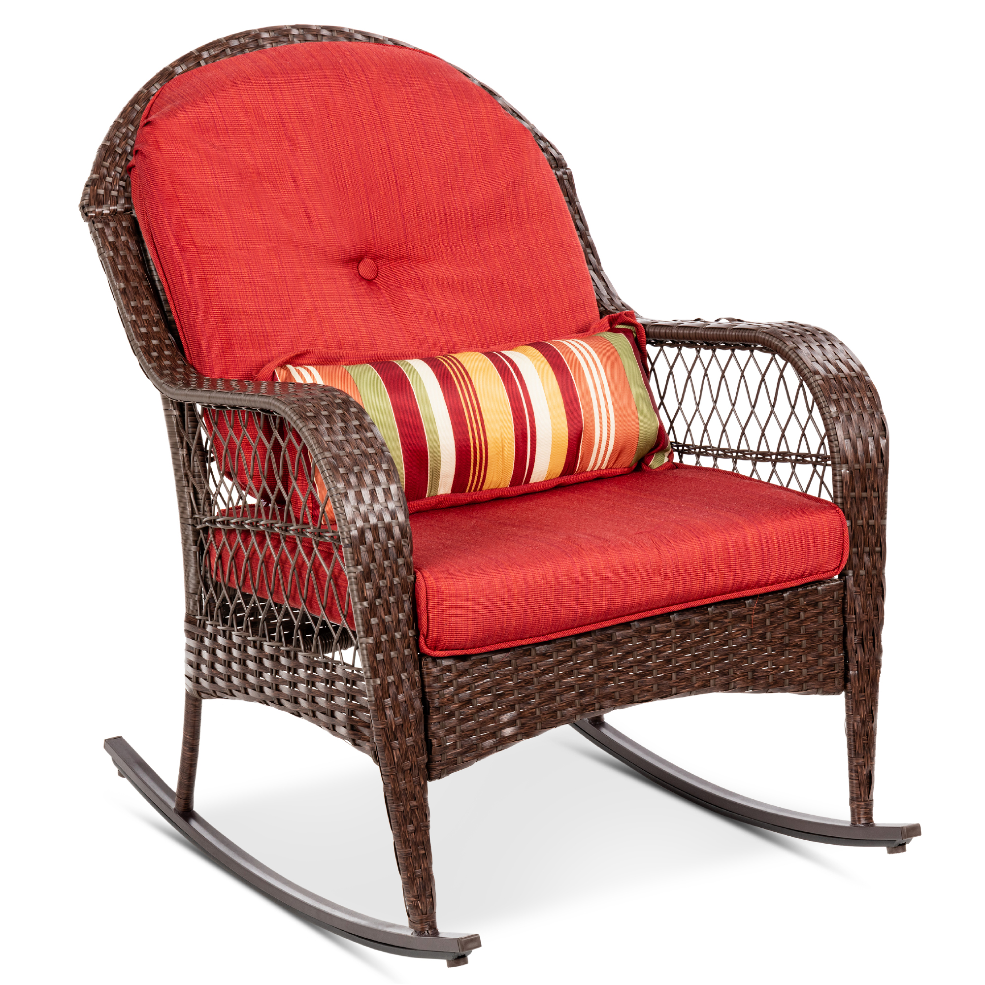 Outdoor Wicker Rocking Chair for Patio, Porch w/ Steel Frame, Weather-Resistant Cushions - Red - Best Choice Products Online