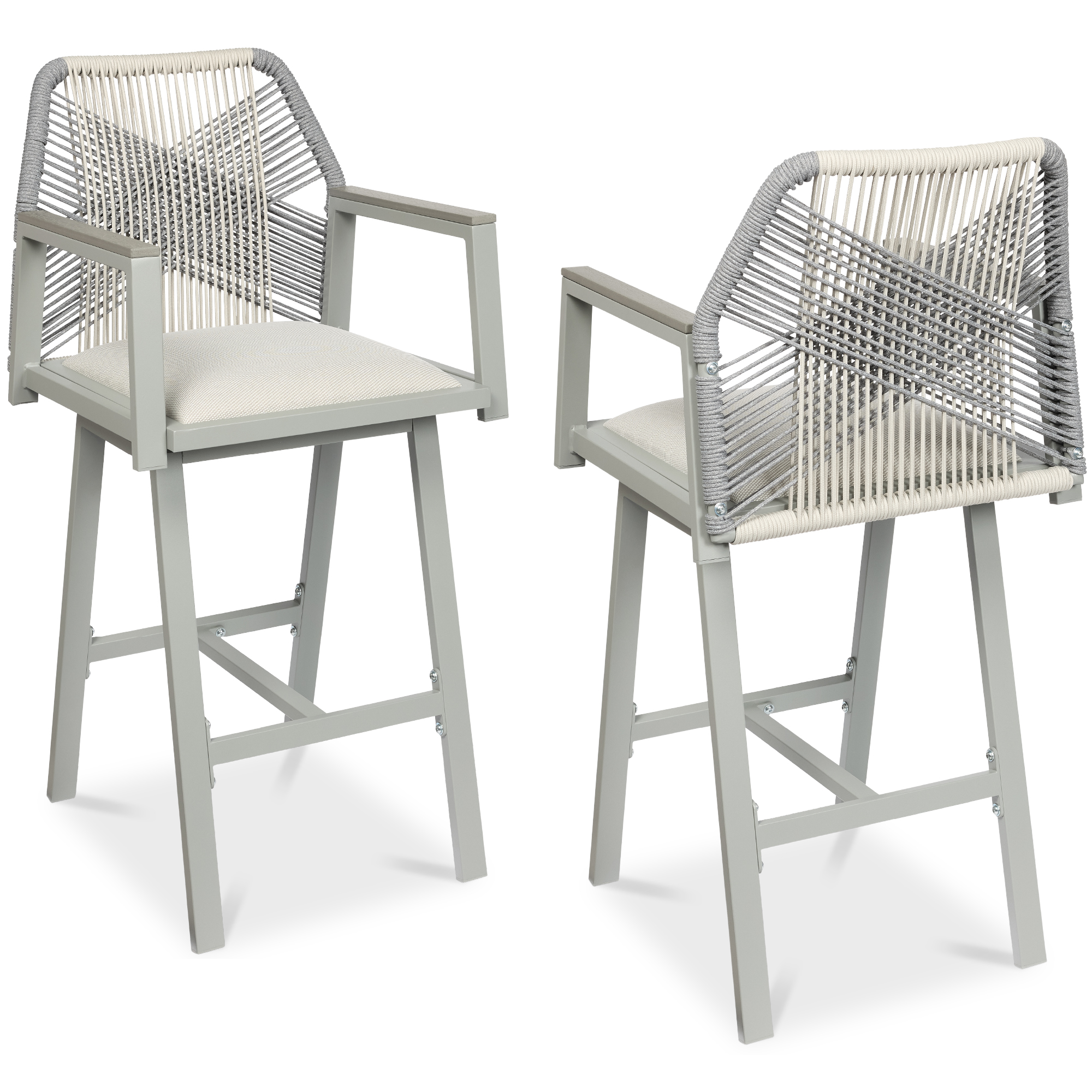 Set of 2 Indoor/Outdoor Aluminum, Woven Rope Swivel Barstools w/ Armrests - Gray/Meteor - Best Choice Products Online