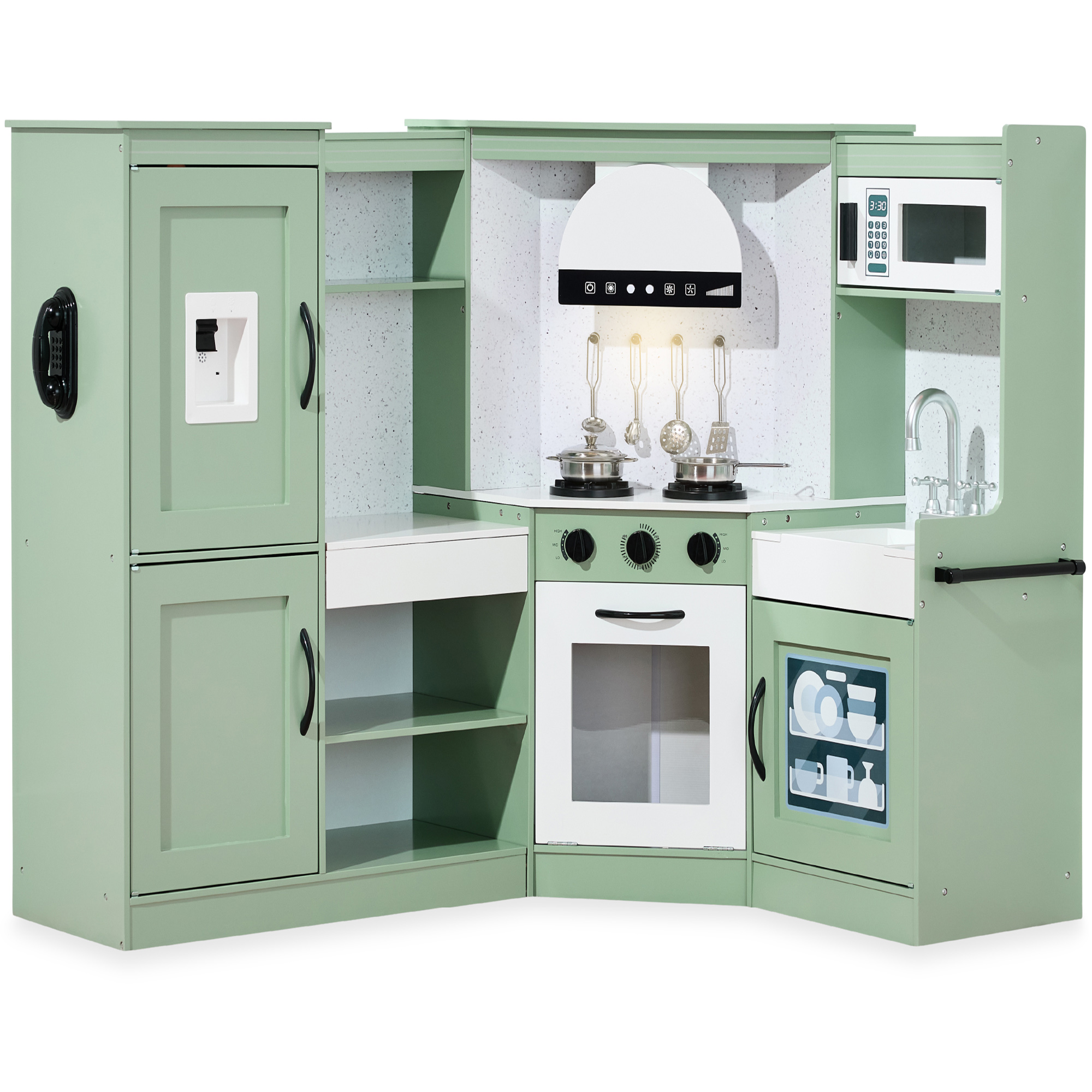 Pretend Play Corner Kitchen, Ultimate Wooden Toy Set For Kids w/ 6 Accessories - Sage - Best Choice Products Online