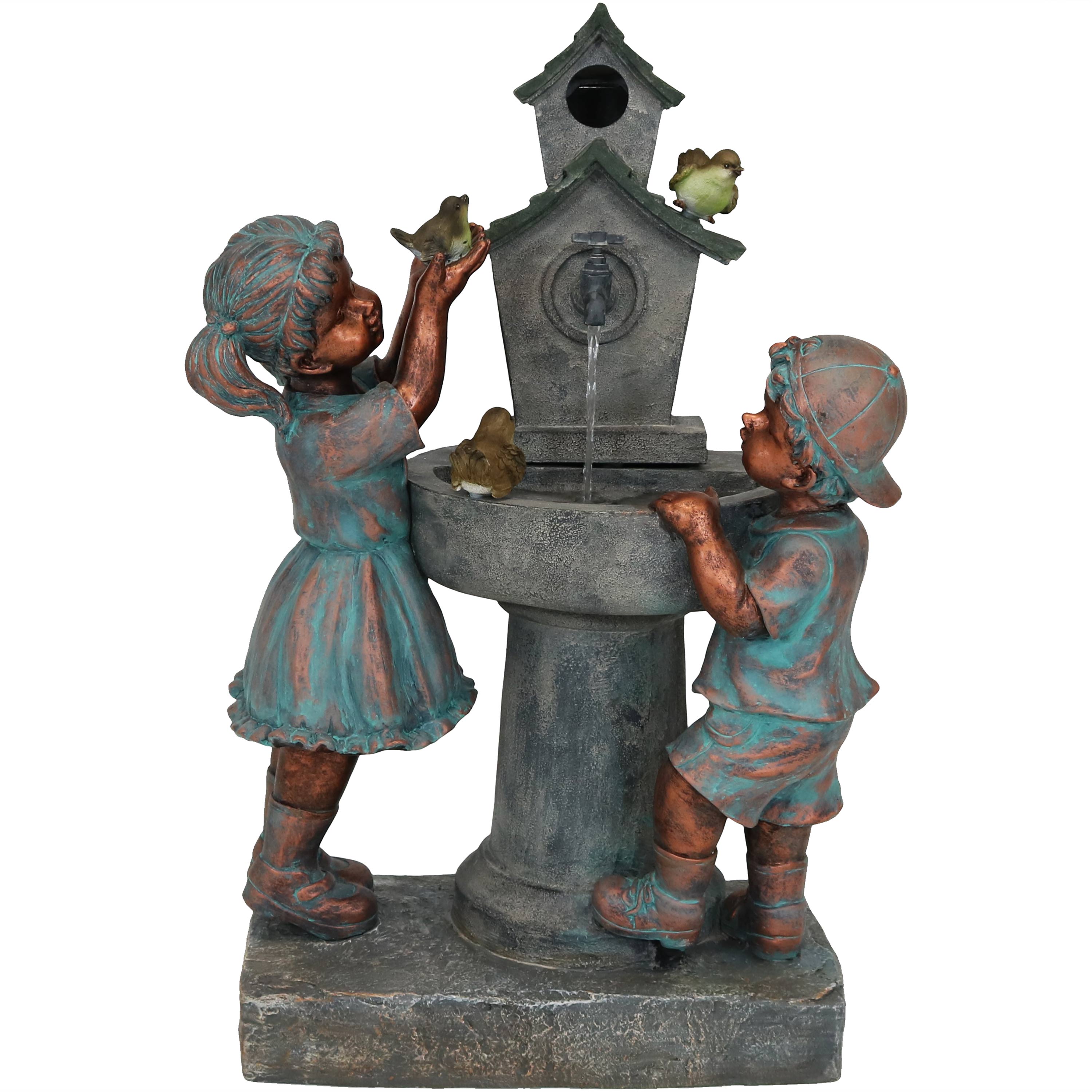 Sunnydaze Boy and Girl at Birdbath Outdoor Water Fountain - 30-Inch