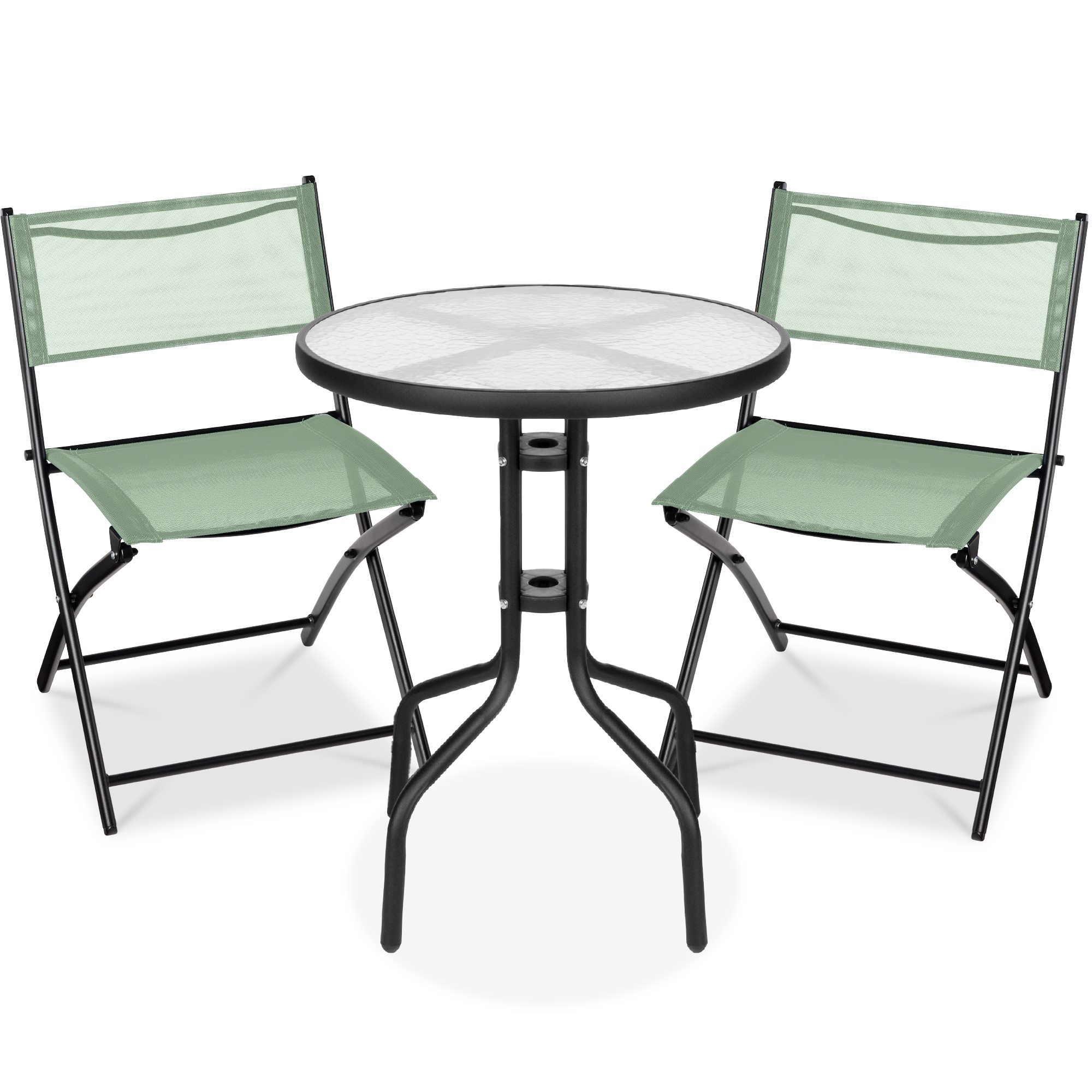 3-Piece Patio Bistro Dining Furniture Set w/ Glass Tabletop, Folding Chairs - Sage - Best Choice Products Online