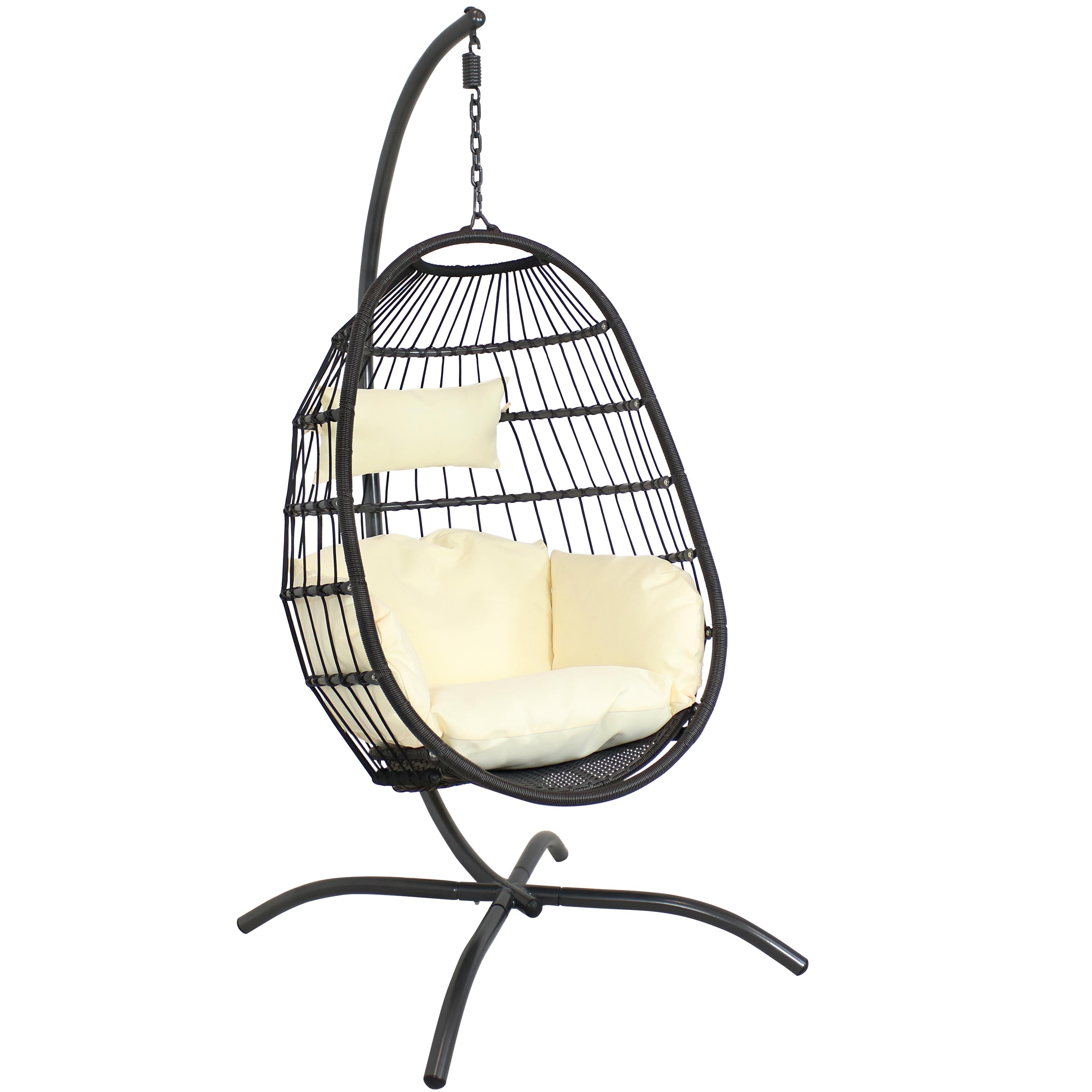 Sunnydaze Penelope Hanging Egg Chair with Seat Cushions and Stand - Cream