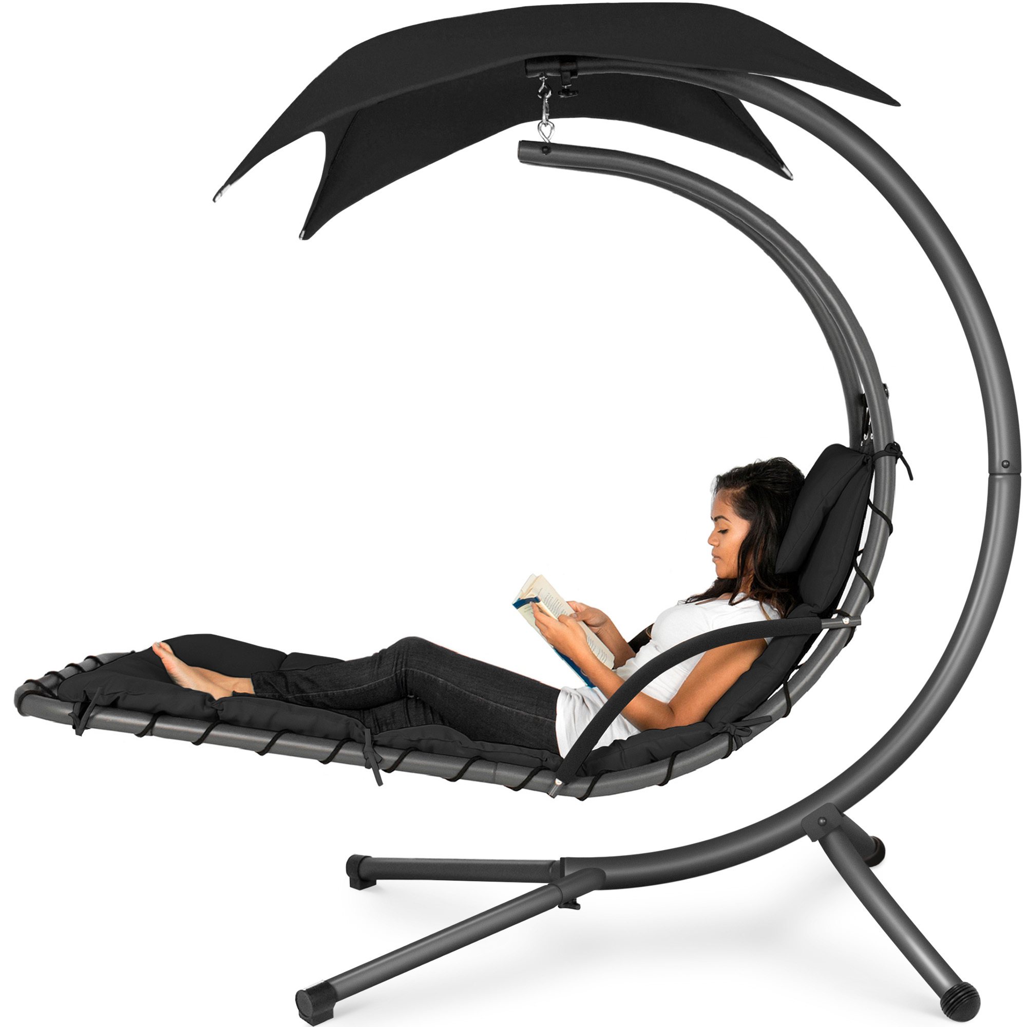 Hanging Curved Chaise Lounge Chair Swing For Backyard, Patio w/ Pillow, Canopy, Stand - Black - Best Choice Products Online