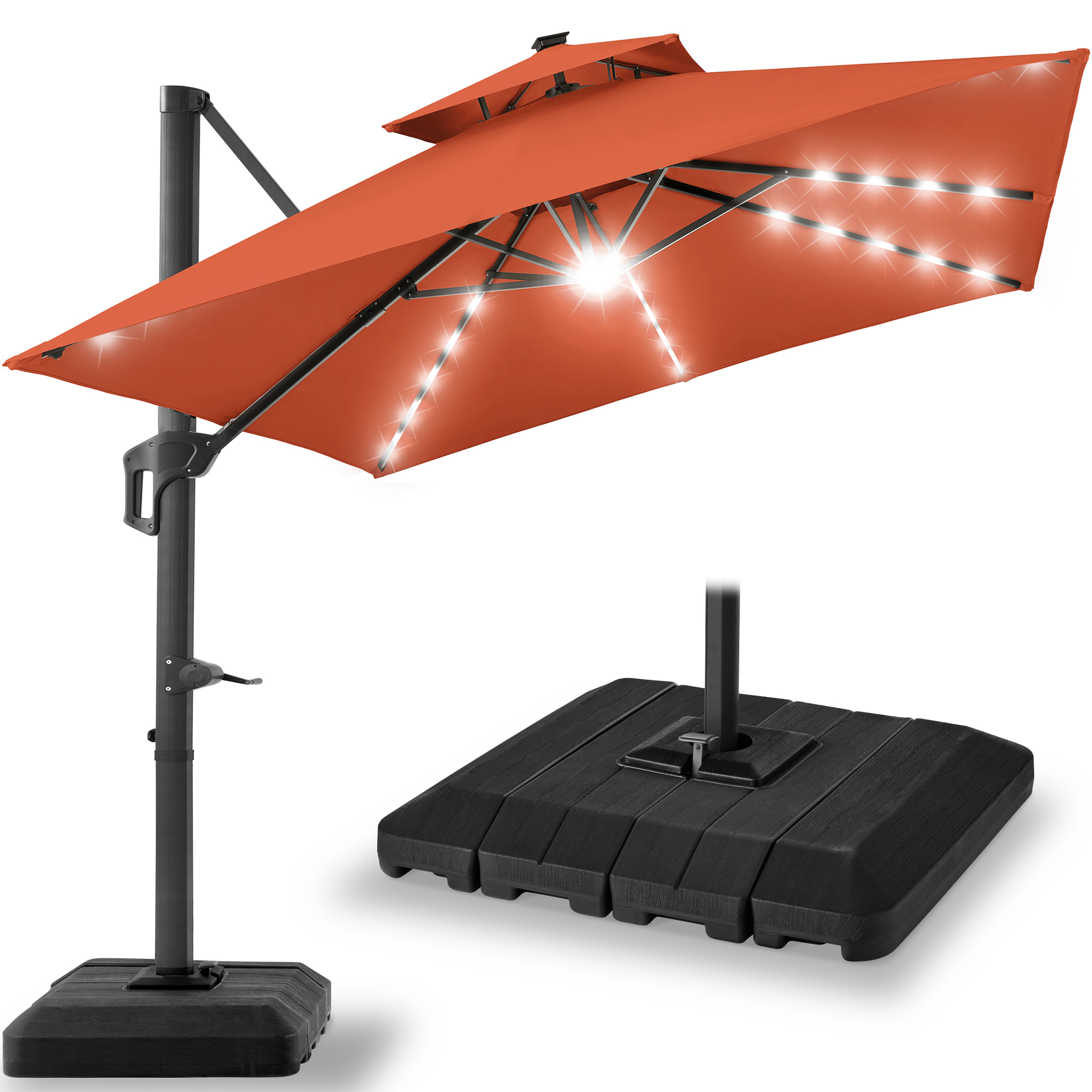 10ft 2-Tier Square Outdoor Solar LED Cantilever Patio Umbrella w/ Base Included - Rust - Best Choice Products Online