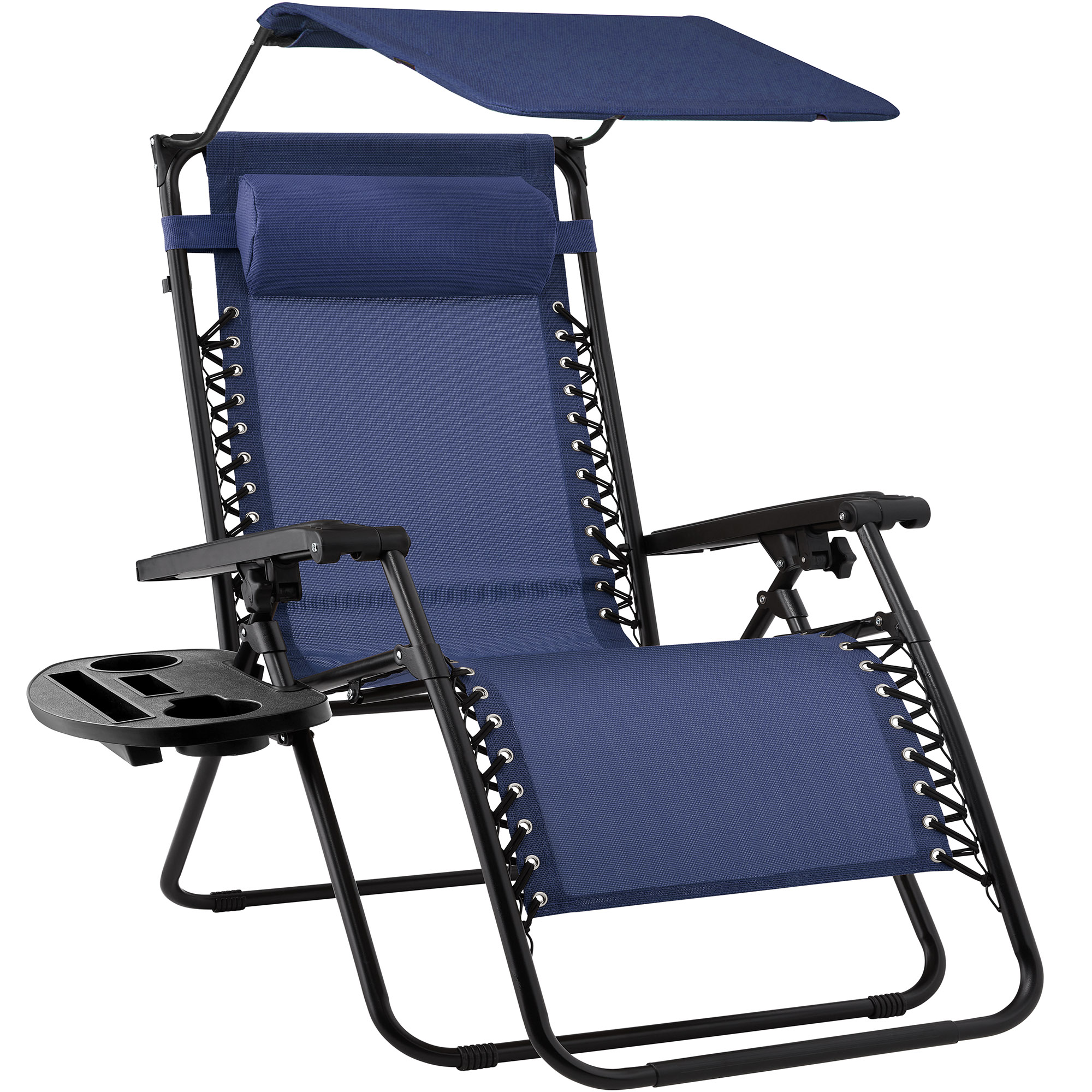 Folding Zero Gravity Chair, Patio Lounge Recliner w/ Canopy Shade, Headrest, Side Tray - Navy - Best Choice Products Online