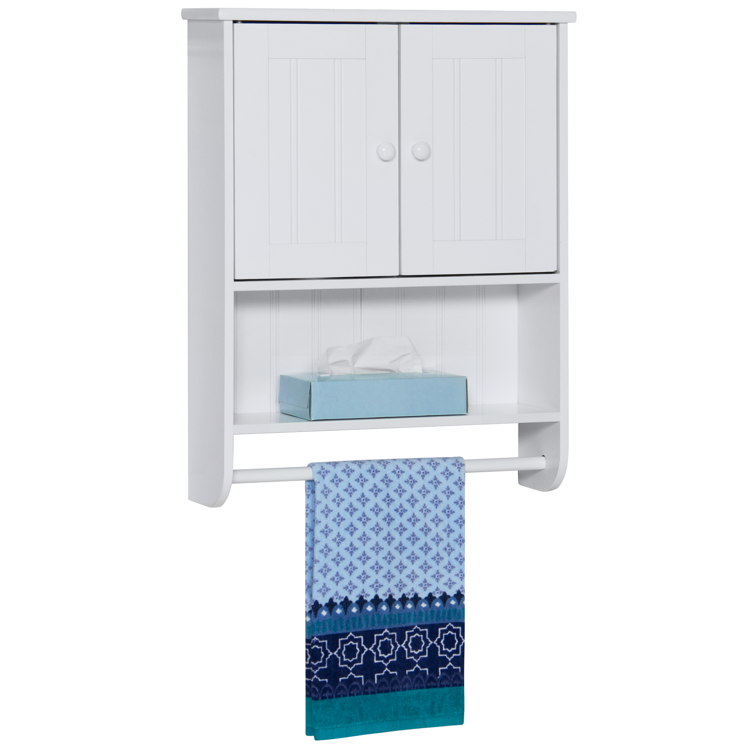 Best Choice Products Bathroom Storage Organization Wall Cabinet w/ Double Doors, Towel Bar, Wainscot - White