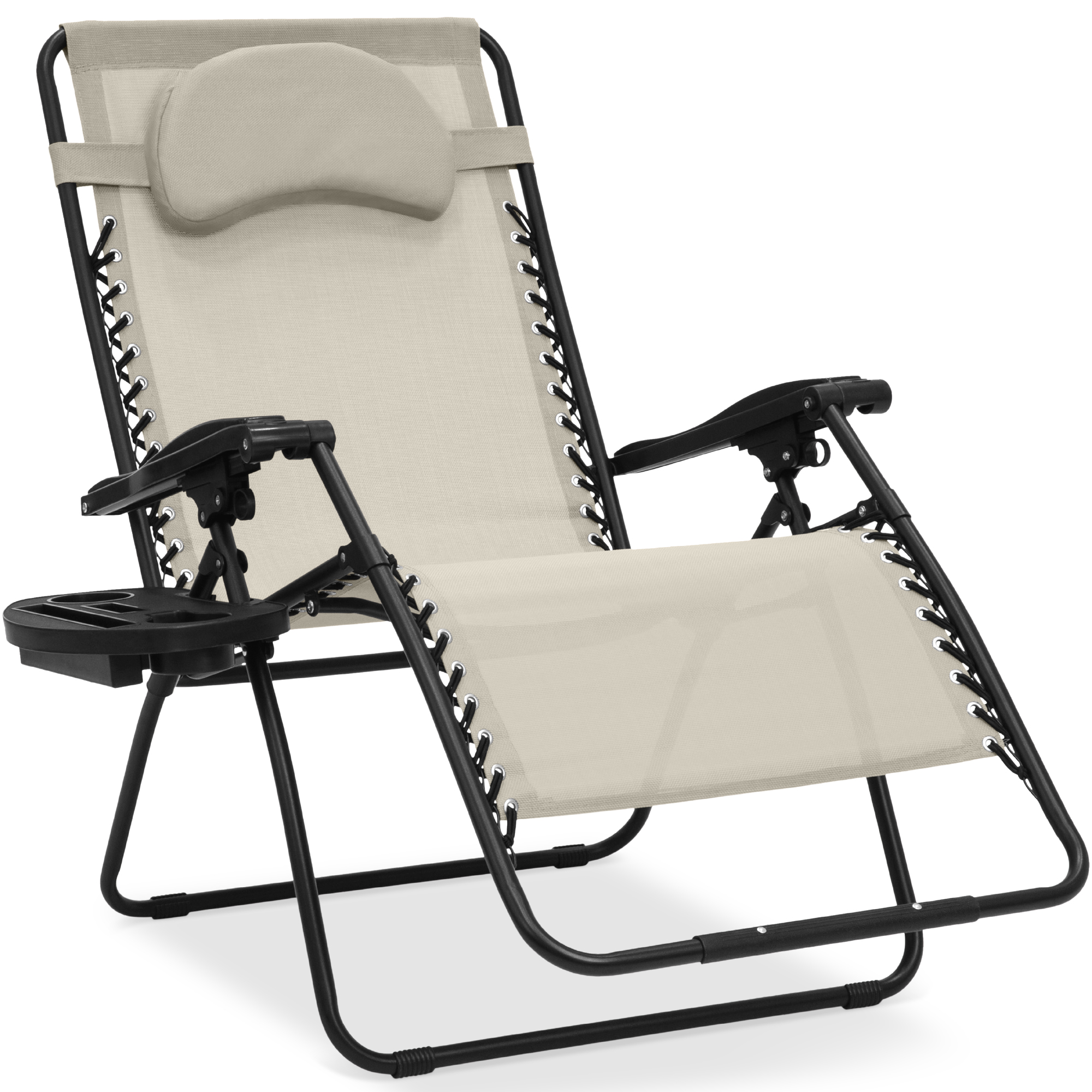 Oversized Zero Gravity Chair w/ Pillow, Cupholder, Folding Outdoor Lounge Recliner For Patio & Pool - Ivory - Best Choice Products Online
