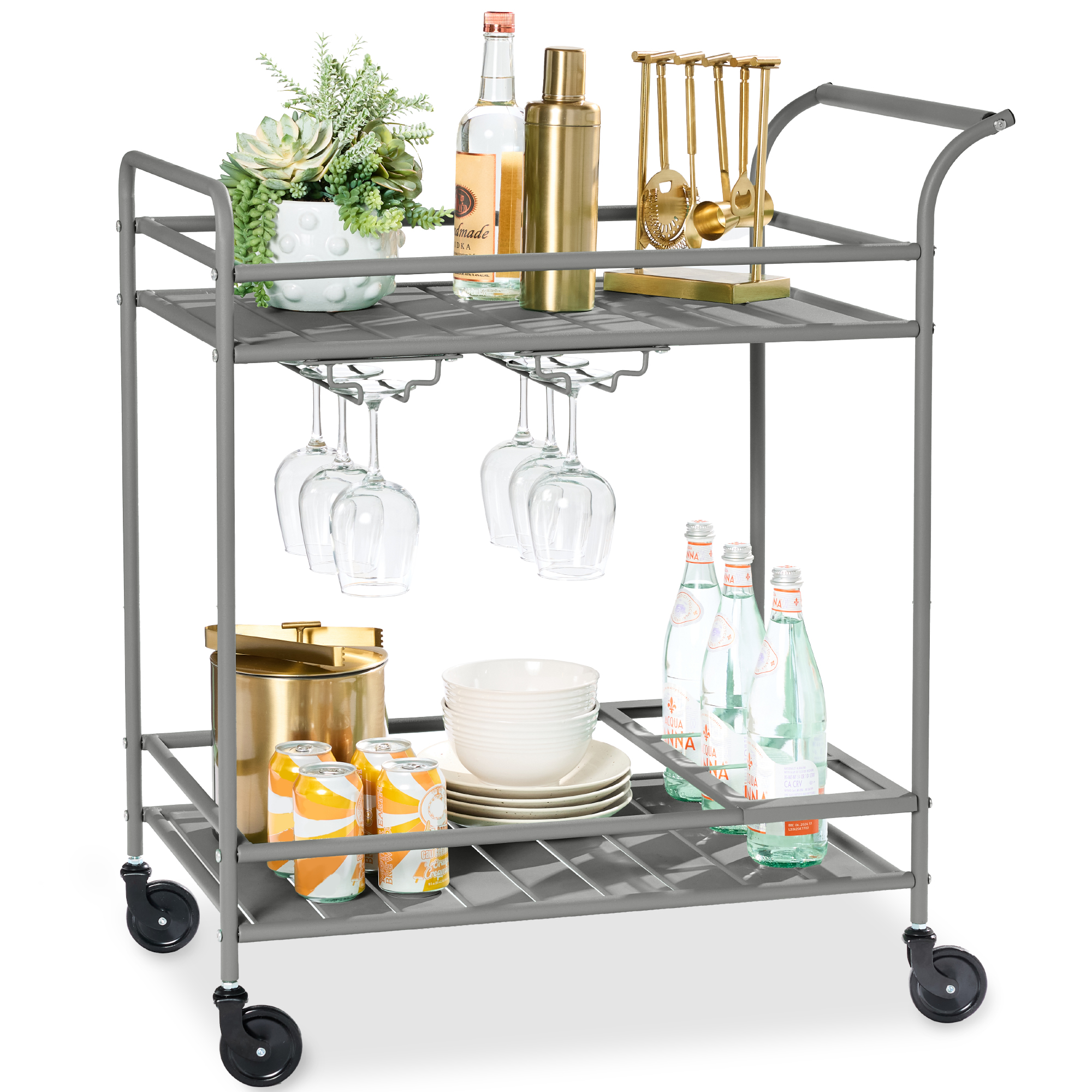 2-Tier Rolling Bar Cart Indoor/Outdoor w/ Storage Shelves, Wine Rack, Lockable Wheels - Gray - Best Choice Products Online