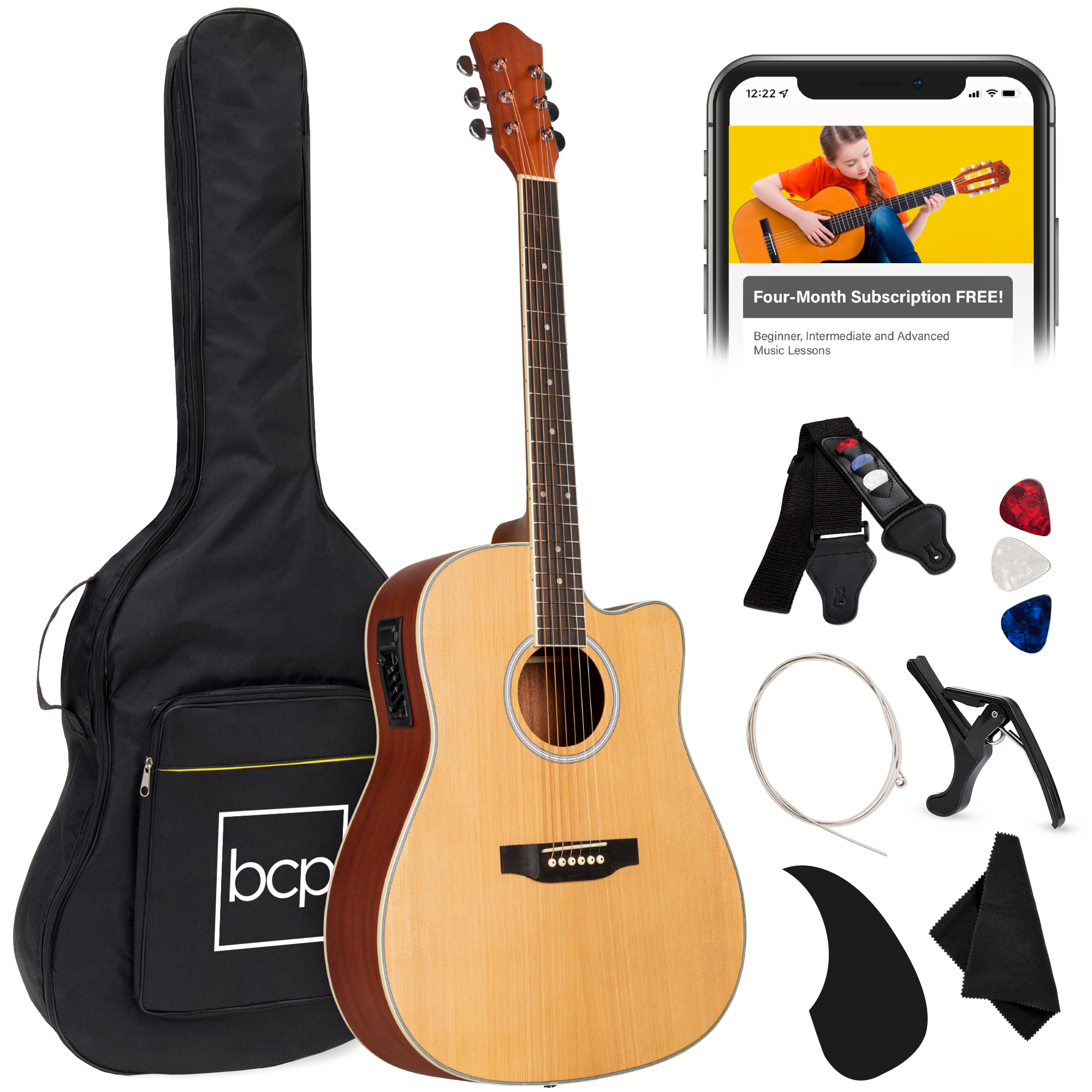 41in Full Size Acoustic Electric Cutaway Guitar Set w/ Capo, E-Tuner, Bag, Picks, Strap - Natural