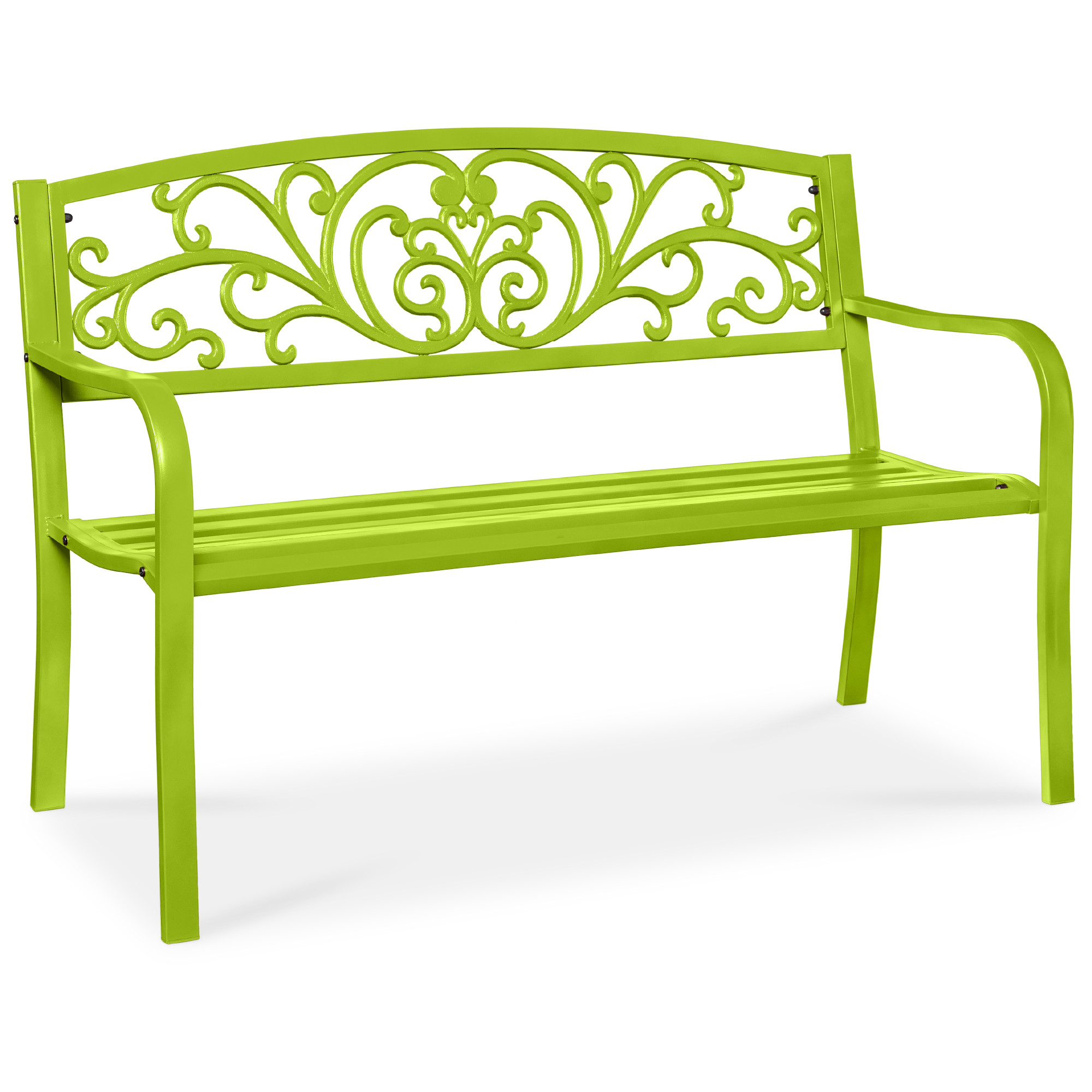 50in Outdoor Patio Garden Bench, Park Yard Furniture Porch Chair w/ Steel Frame, Slatted Seat, Floral Design - Lime Green - Best Choice Products
