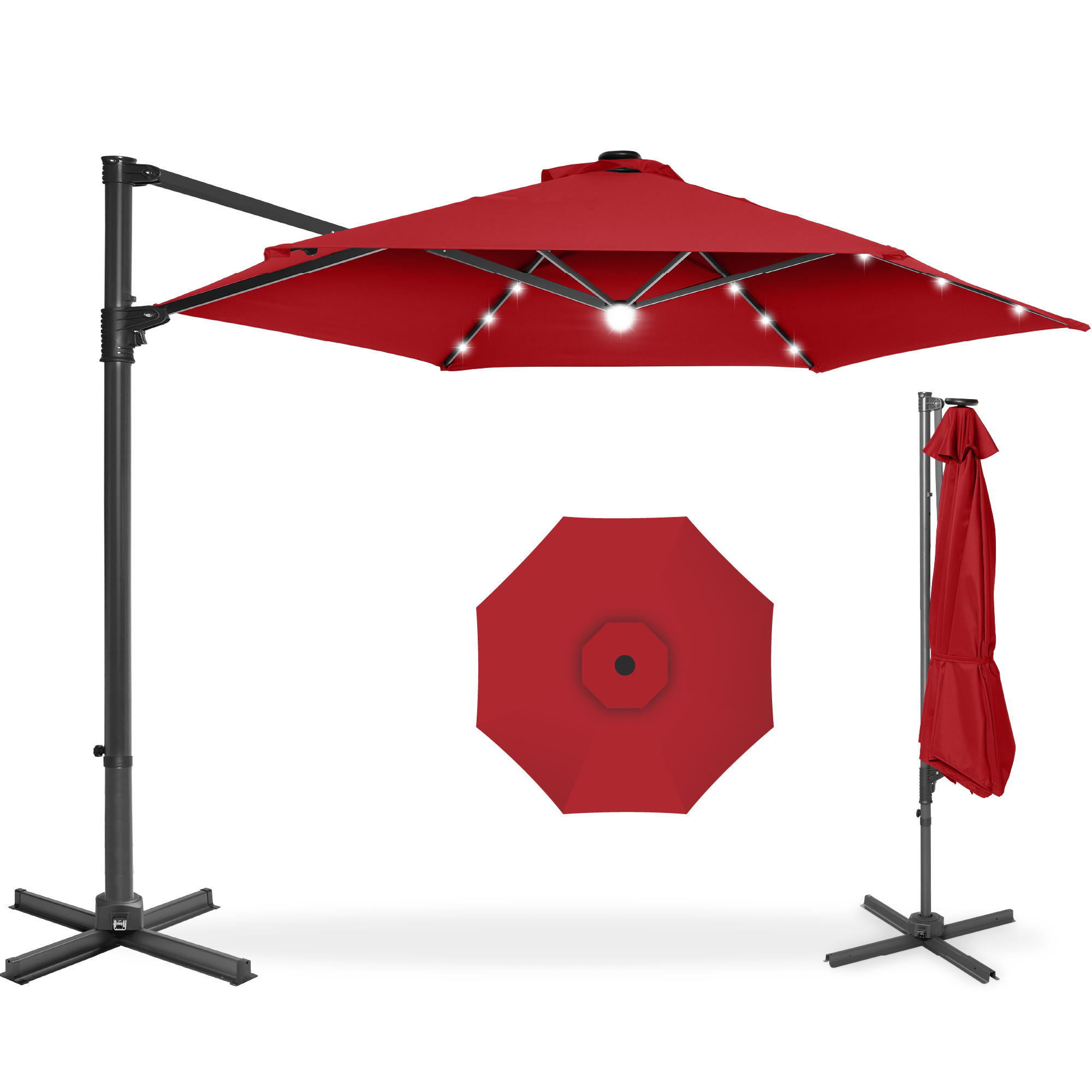 Best Choice Products 10ft 360 Rotating Cantilever Offset Hanging Market Patio Umbrella w/ Solar Lights - Red