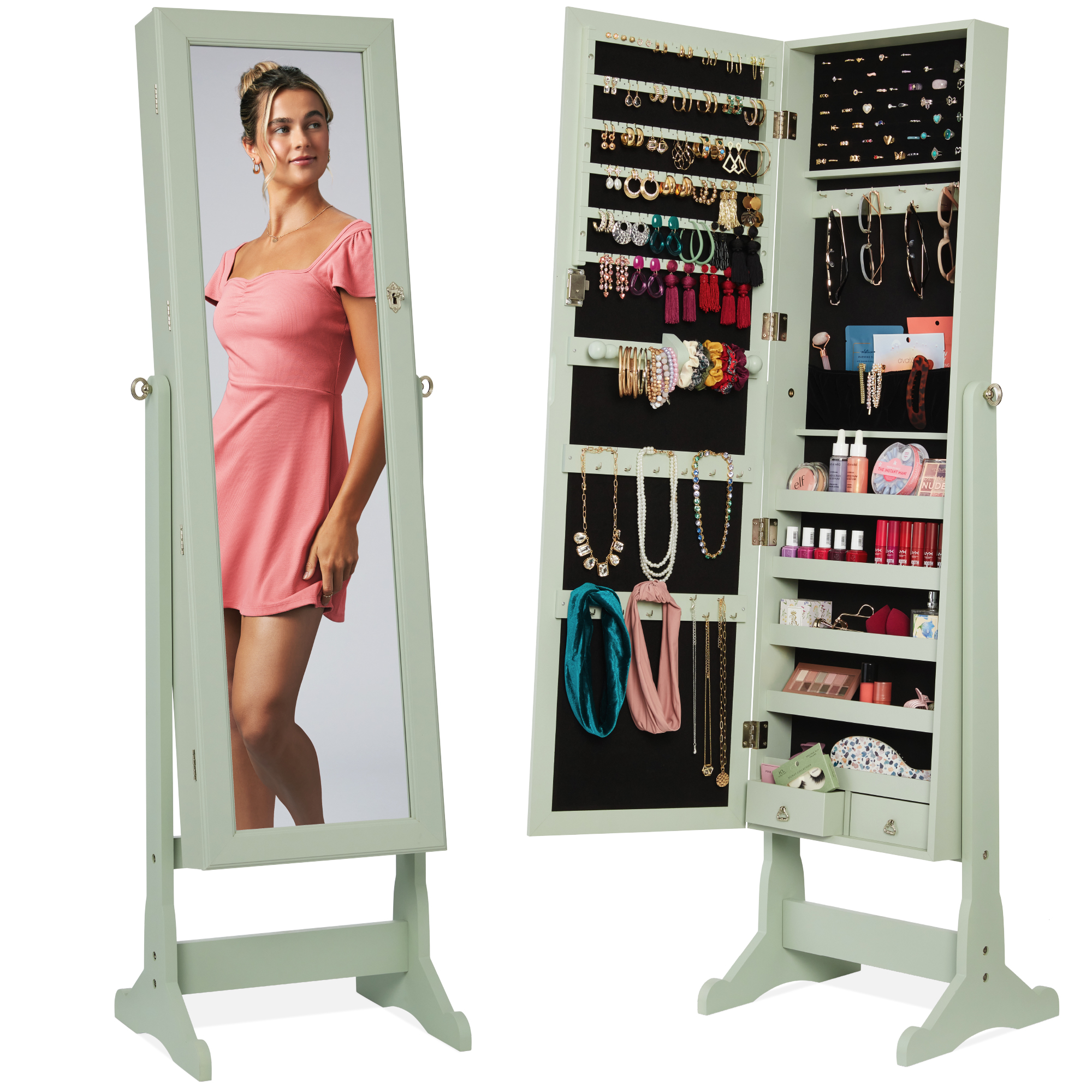 Standing Mirrored Jewelry Armoire Organizer, Lockable Full Length Storage Cabinet w/ Velvet Interior - Sage - Best Choice Products Online