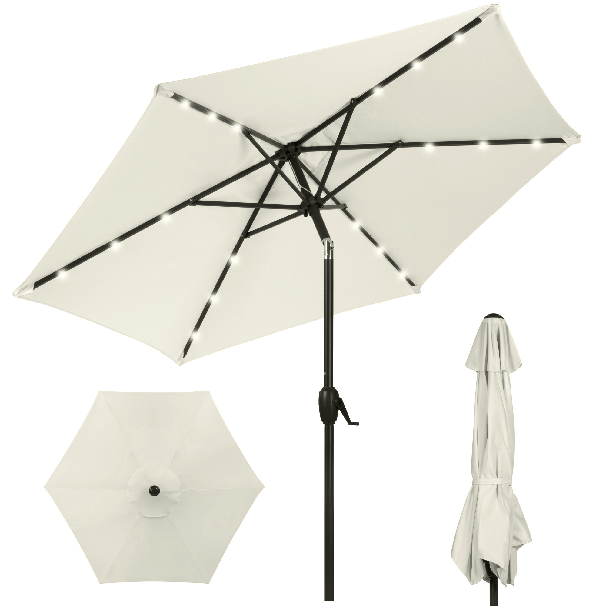 7.5ft Patio Umbrella w/ Solar LED Lights For Deck, Pool w/ Push Button Tilt & Easy Crank Lift - Cream | Best Choice Products Online