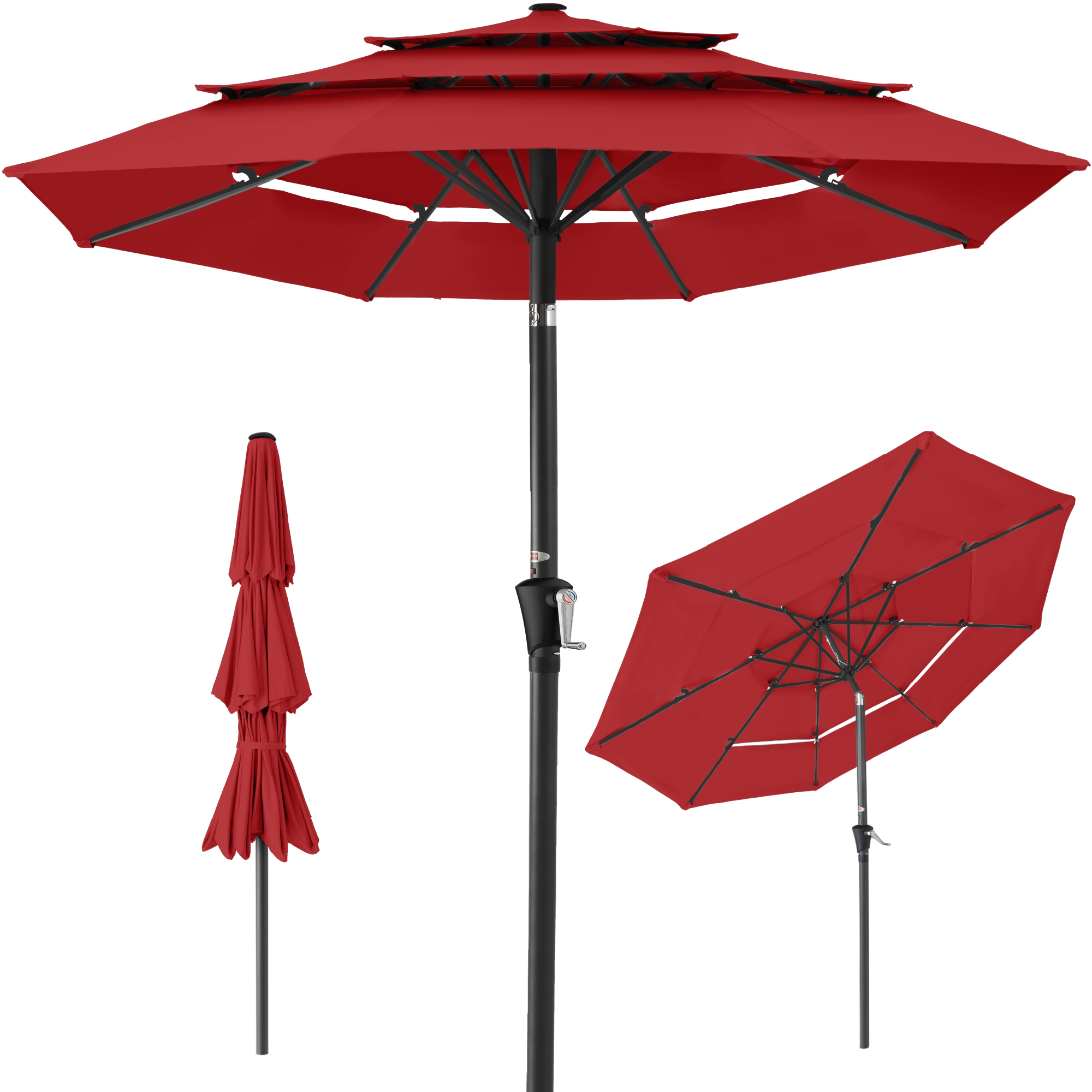 10ft 3-Tier Patio Umbrella, Market Sun Shade w/ Tilt Adjustment, Easy Crank - Red - Best Choice Products Online