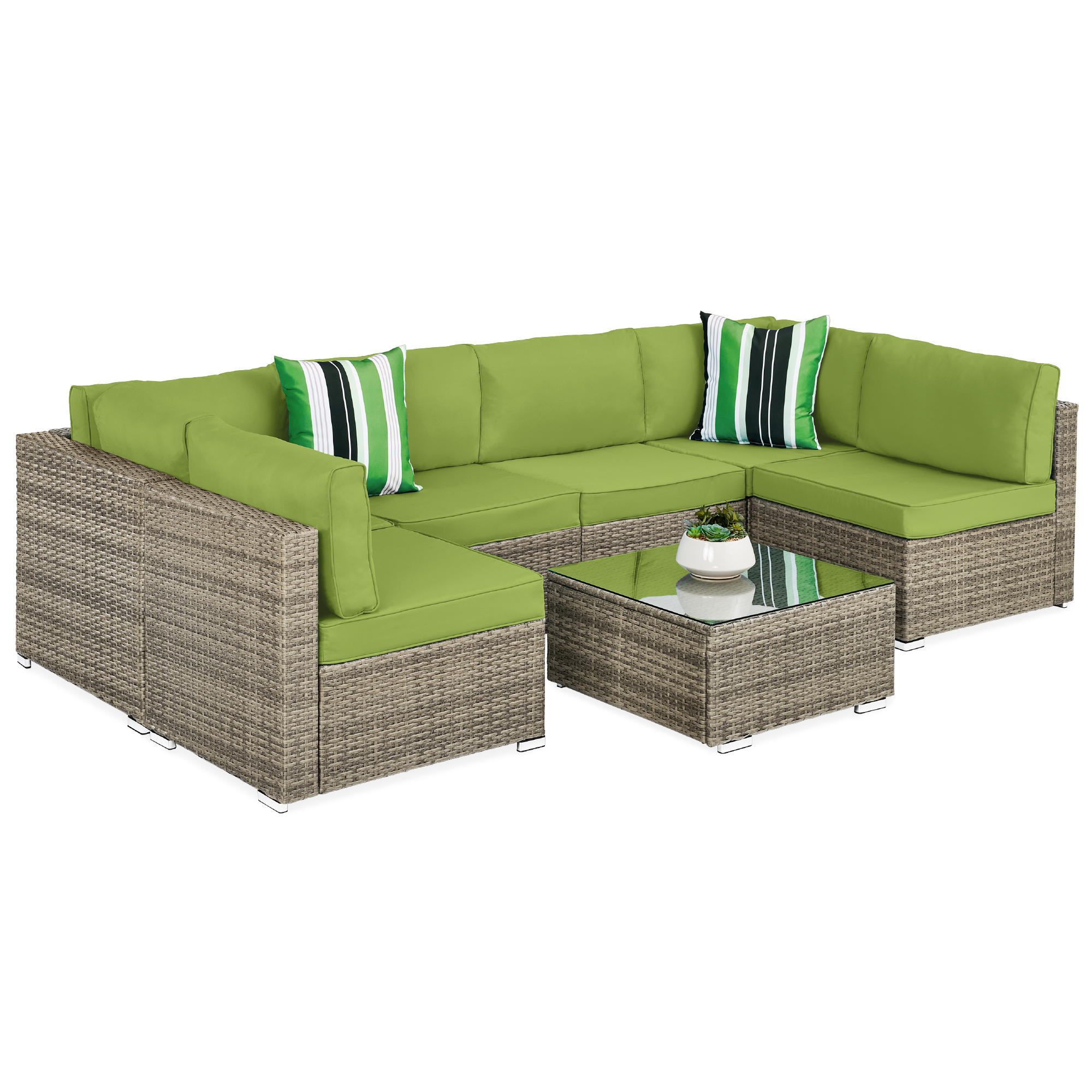 7pc Modular Wicker Sectional Sofas & Glass Top Table Outdoor Patio Furniture Set w/ 2 Pillows, Cover - Taupe/Pistachio - Best Choice Products Online
