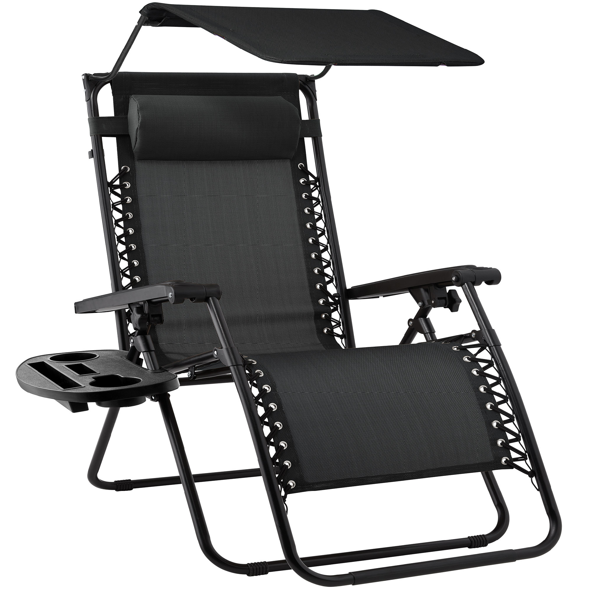 Folding Zero Gravity Chair, Patio Lounge Recliner w/ Canopy Shade, Headrest, Side Tray - Black - Best Choice Products Online