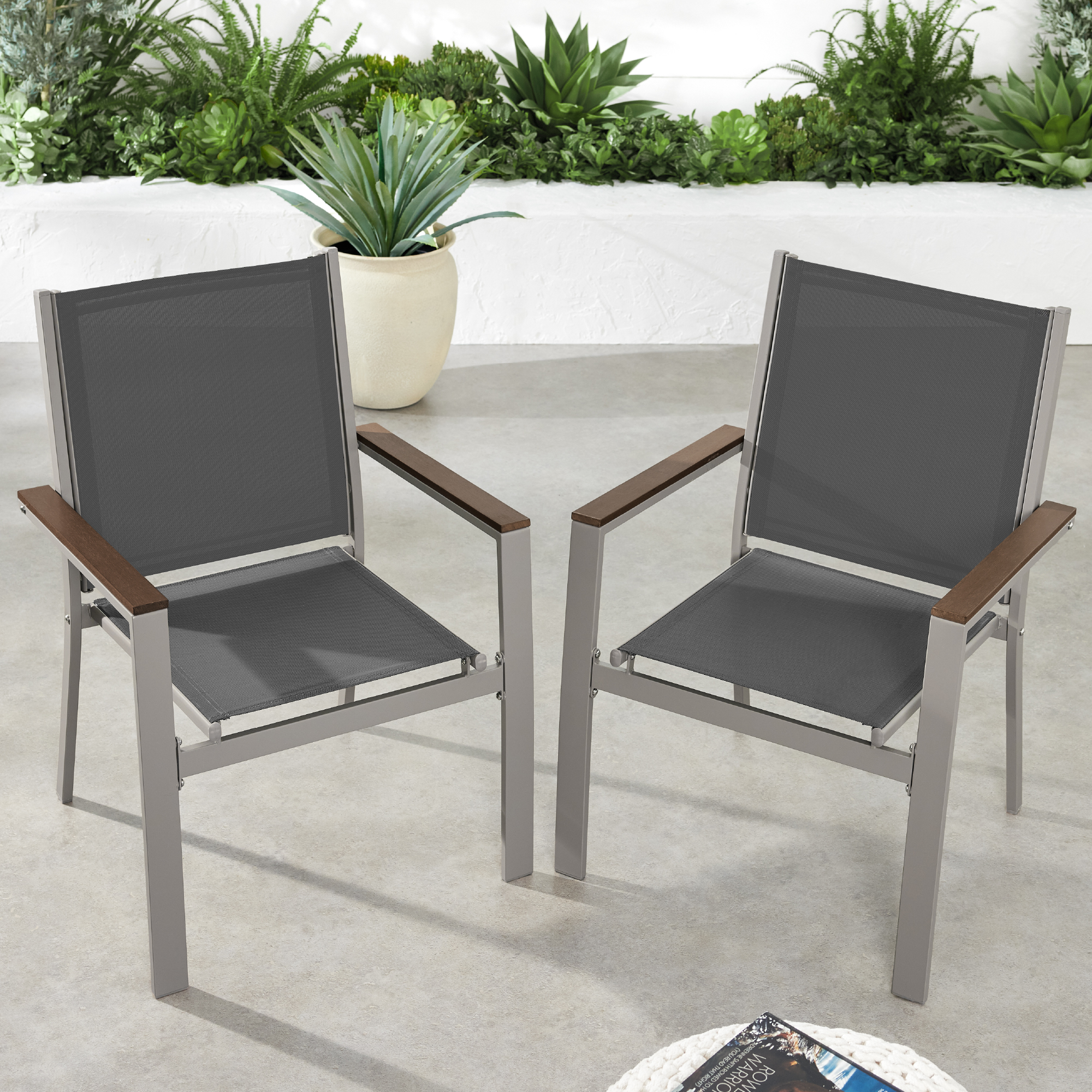 Set of 2 Stackable Textilene Chairs w/ Armrests, Dining Accent Furniture - Taupe/Charcoal - Best Choice Products Online