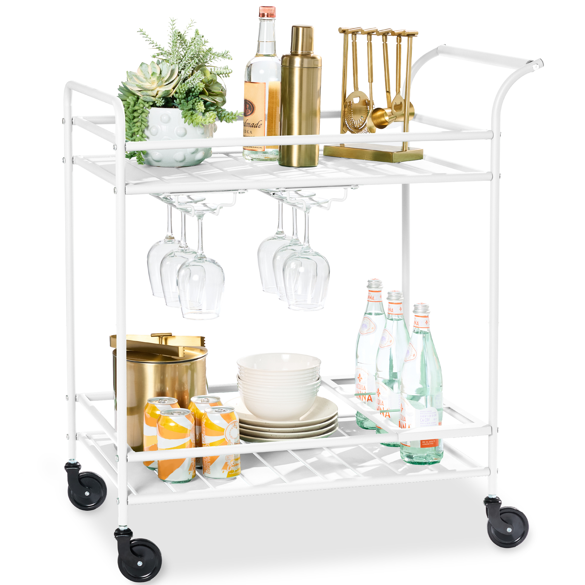 2-Tier Rolling Bar Cart Indoor/Outdoor w/ Storage Shelves, Wine Rack, Lockable Wheels - White - Best Choice Products Online
