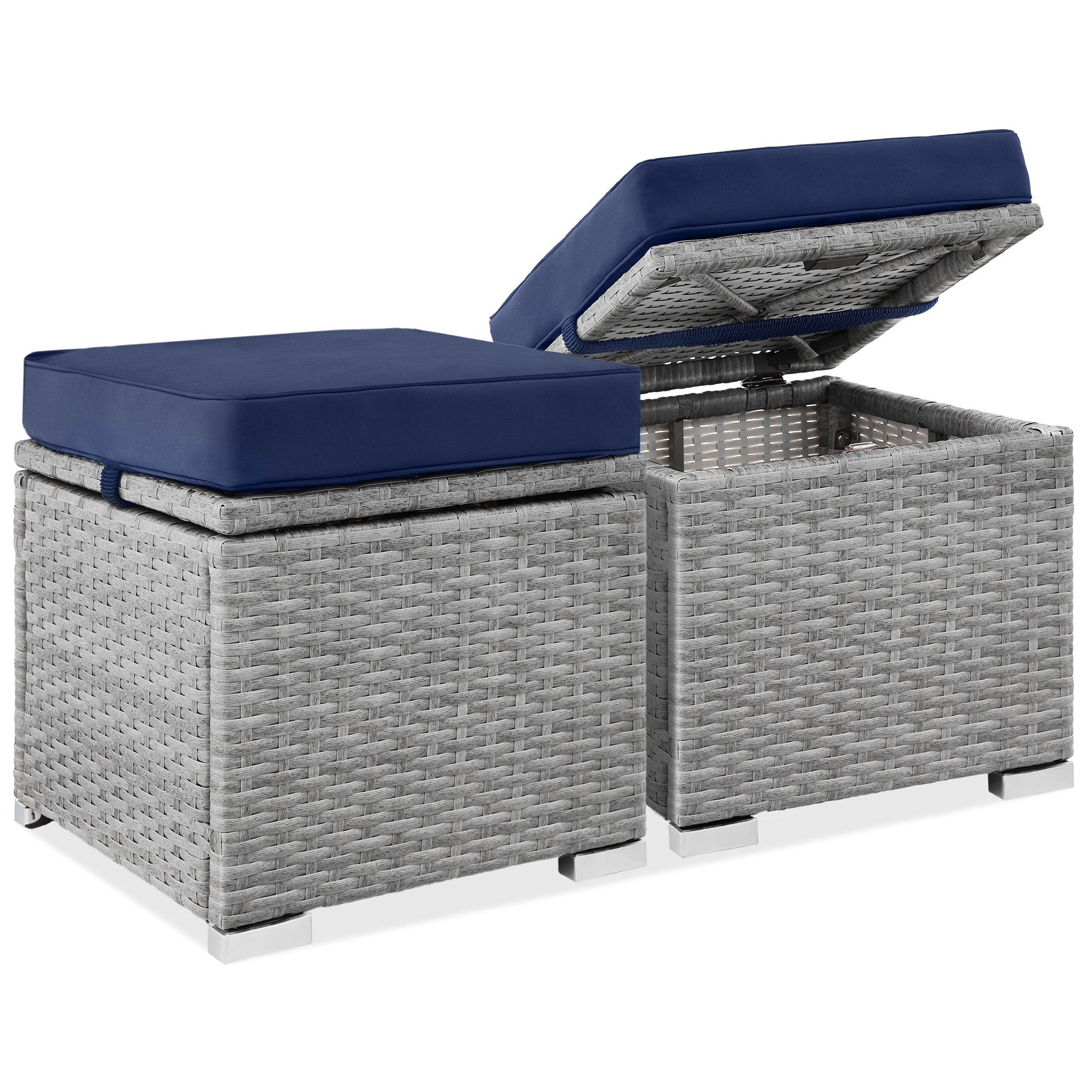 2 Wicker Ottomans, Multipurpose Storage Furniture w/ Removable Cushions, Steel Frame - Gray/Navy - Best Choice Products Online